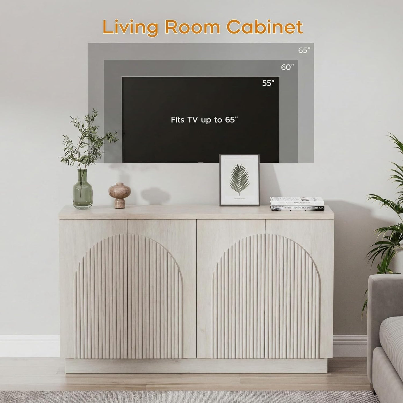 Arched Reeded Sideboard Buffet Cabinet — 55" Wide, 4-Door Modern Storage