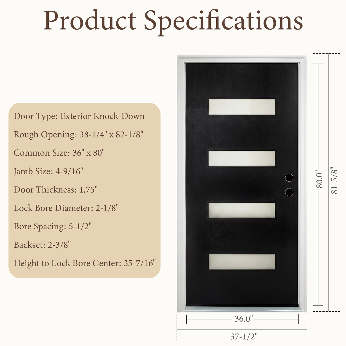 36x80 Black Fiberglass Entry Door with Frosted Glass | Left Inswing