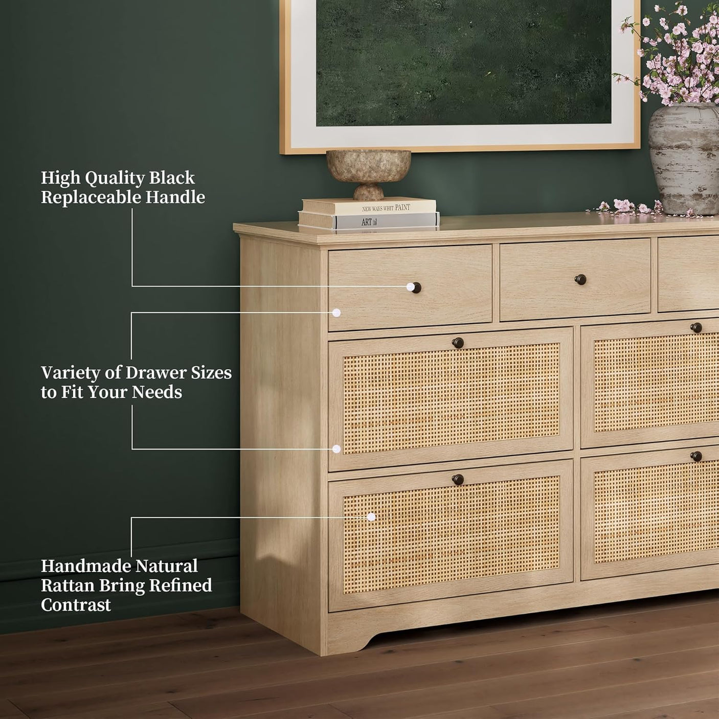 Yechen 47.2'' Wide Rattan Dresser - 7 Drawer Mid-Century Natural Wood Storage Cabinet