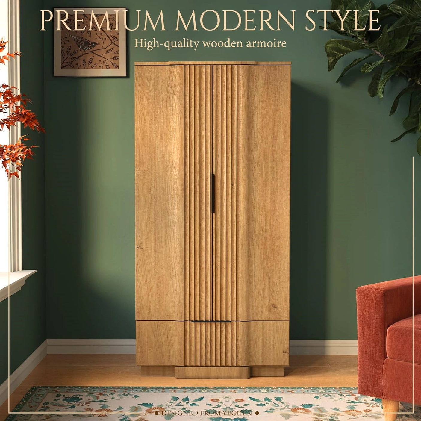 Yechen 67" Fluted Oak Armoire Wardrobe with Doors & Drawer - Natural Wood Closet Cabinet