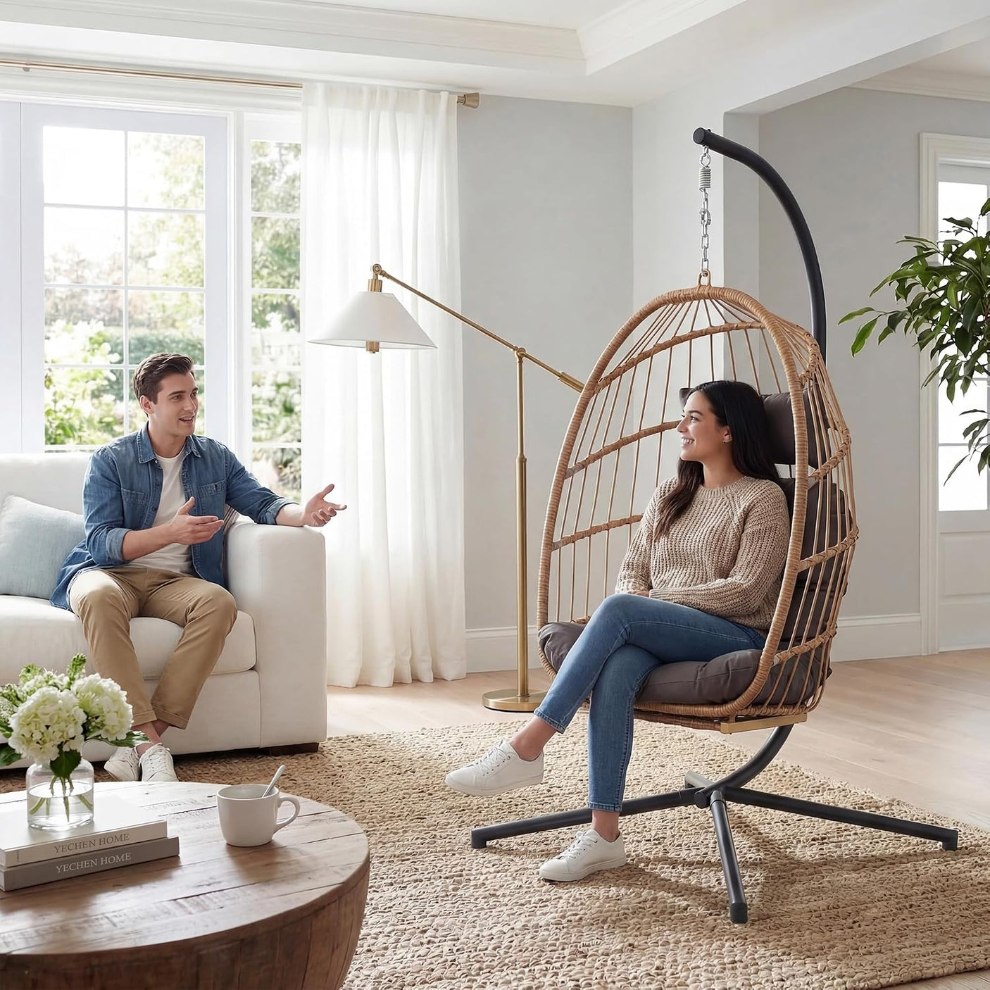 Egg Hanging Chair with Stand, Footrest & Cushion | Patio & Bedroom, Natural Grey