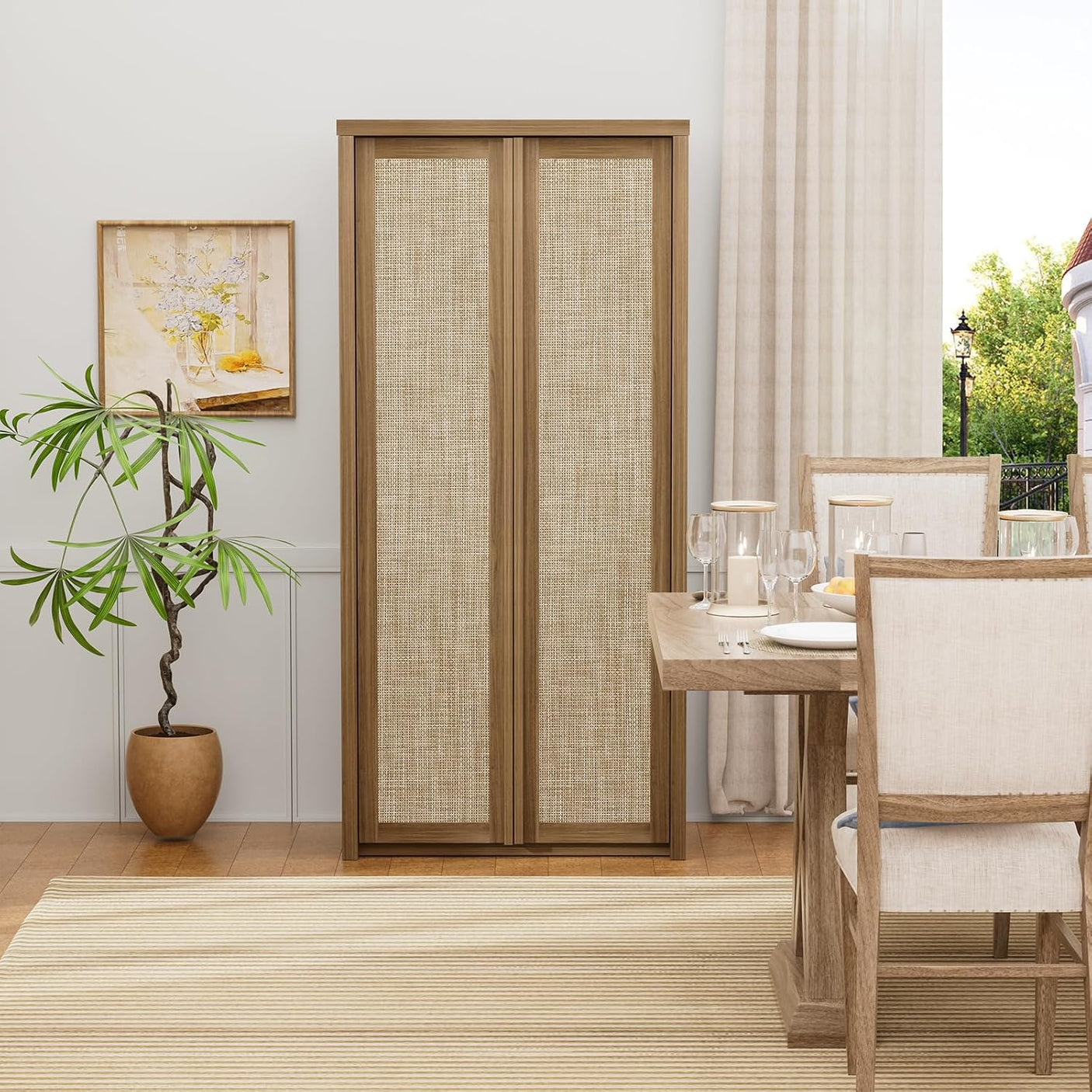 Yechen 67" Tall Rattan Pantry Cabinet with Adjustable Shelves, Dark Walnut/Natural Walnut