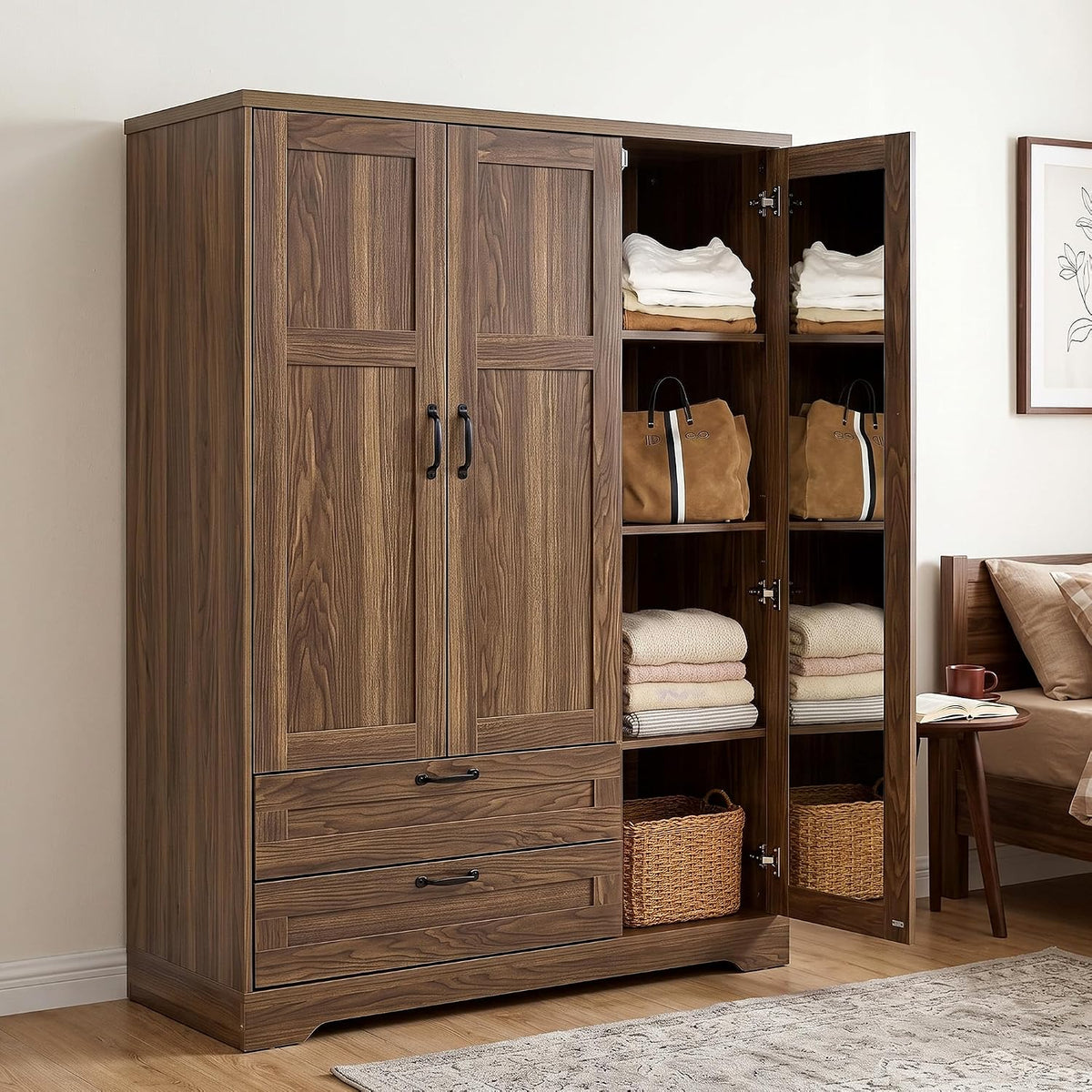 62" Walnut Armoire Wardrobe with Mirror, 3 Doors & 2 Drawers