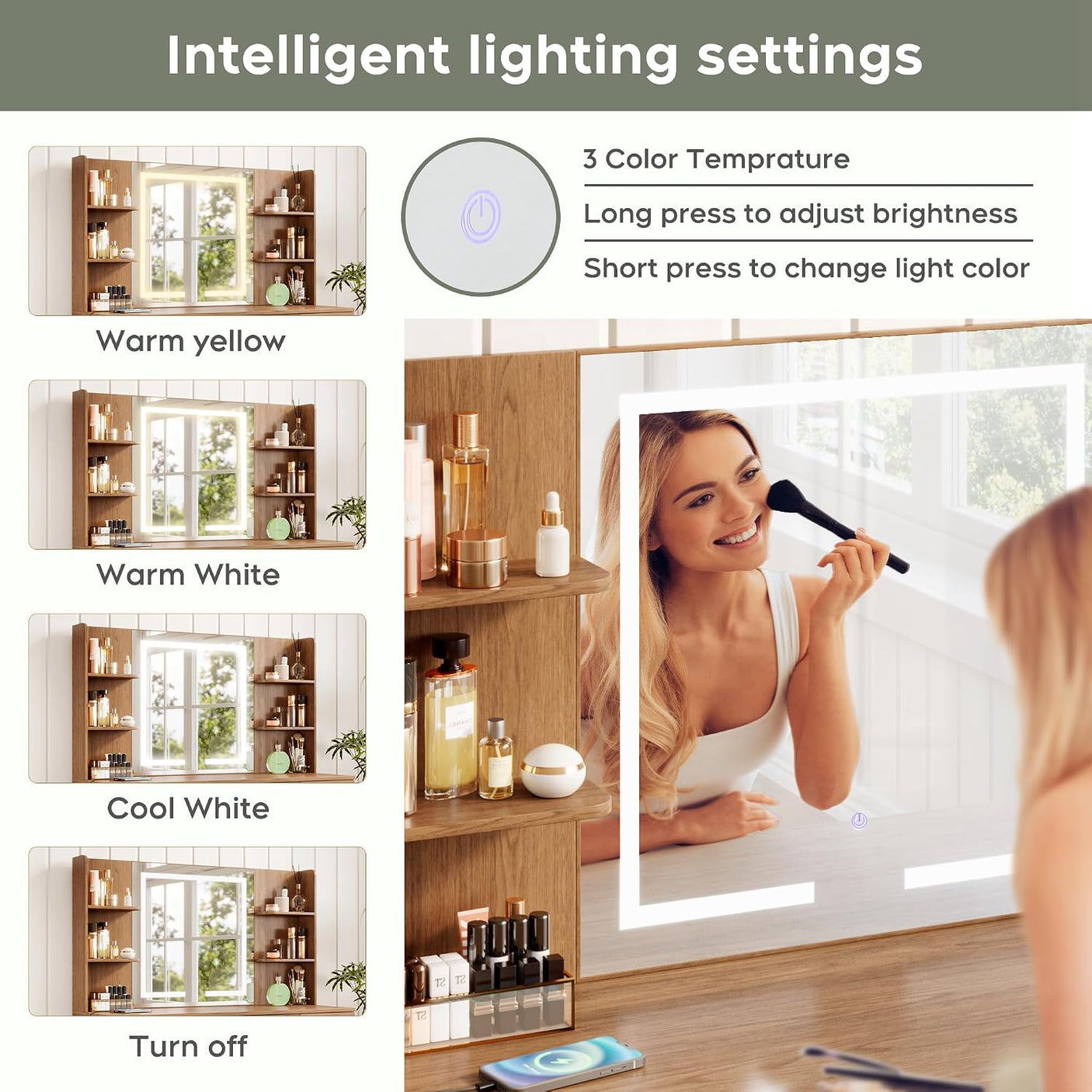 Yechen 43" Boho Makeup Vanity Desk with Sliding LED Mirror & Built-in Power Strip, Modern Rattan Dressing Table Set with Cushioned Stool for Bedroom
