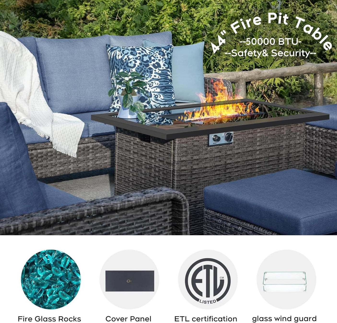 9-Piece Outdoor Patio Furniture Set with 44" Propane Fire Pit Table, 360° Swivel Chairs & 3-in-1 Ottomans, Blue Wicker Conversation Set