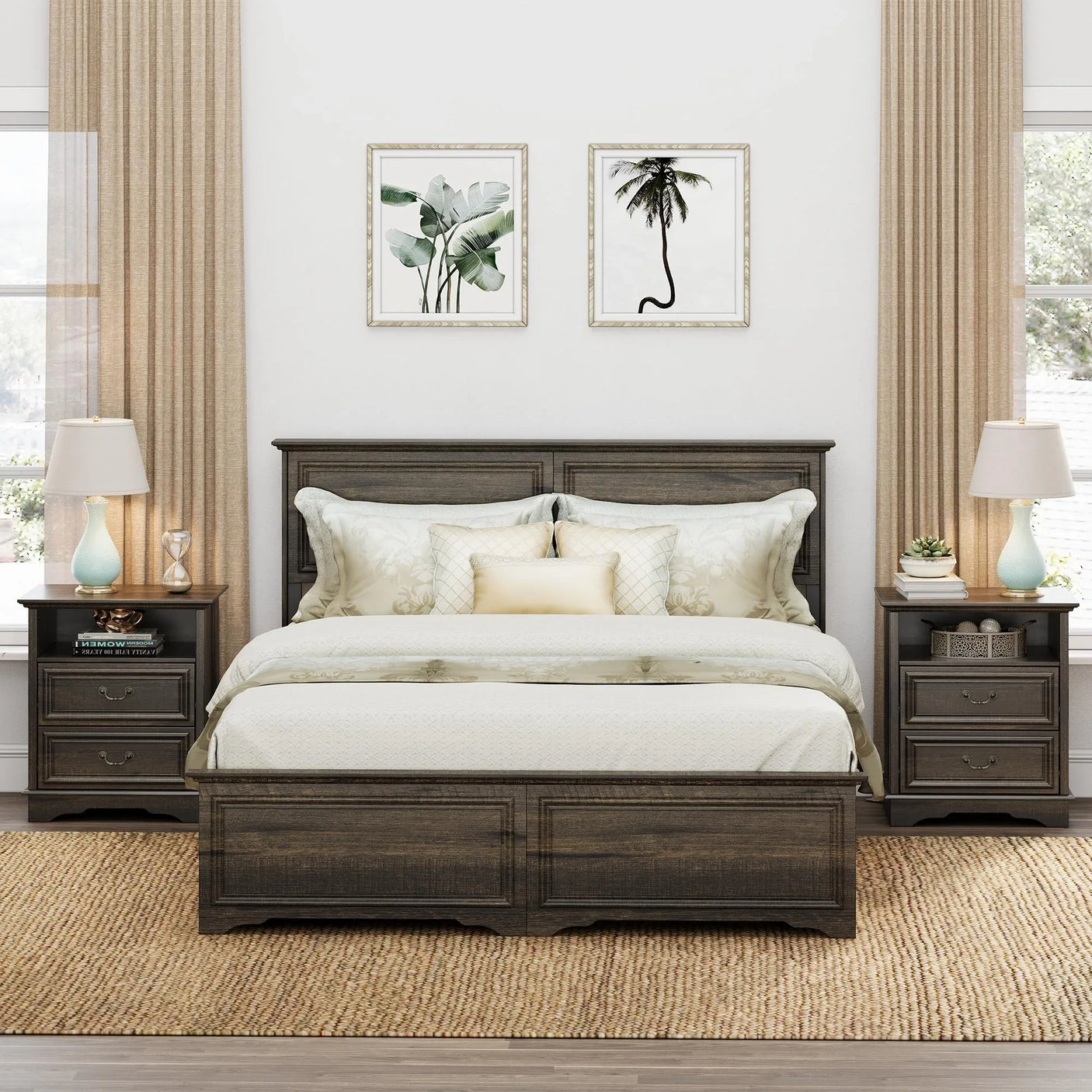 Farmhouse Mid Century Modern Nightstand, 2-Drawer 25" Tall Wood