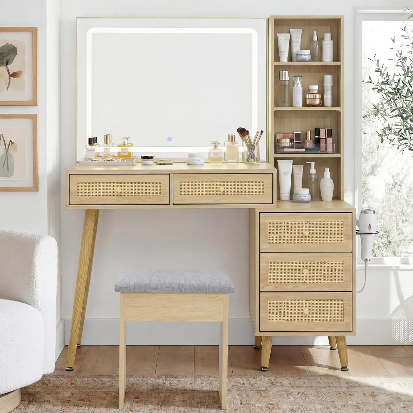 Rattan Makeup Vanity Set with Lighted Mirror & Stool | 43.3" | 5 Drawers | Charging Station | Natural Wood or Mint