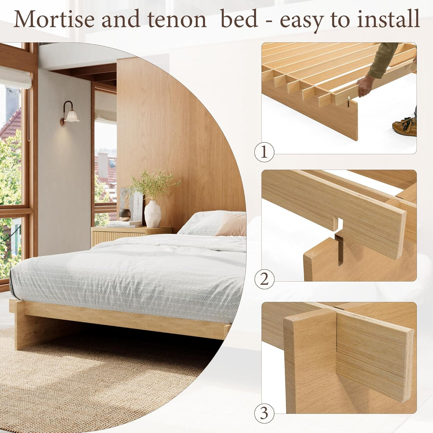 Platform Bed Frame with Dovetail Joinery – 10-Min Assembly, Wood Slats, No Box Spring, Natural| Walnut