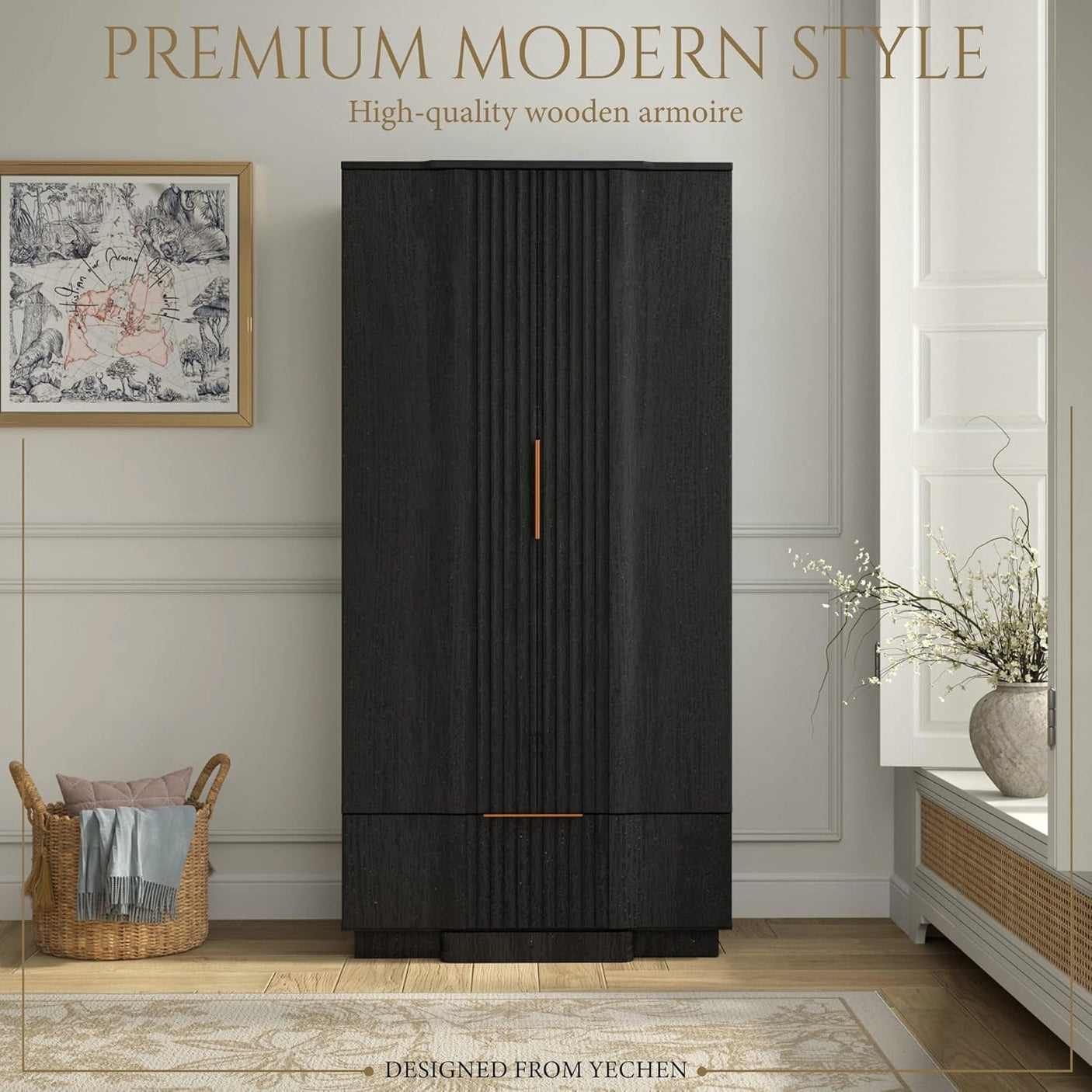 Yechen 67" Fluted Black Armoire Wardrobe with Doors & Drawer - Modern Wood Closet Cabinet