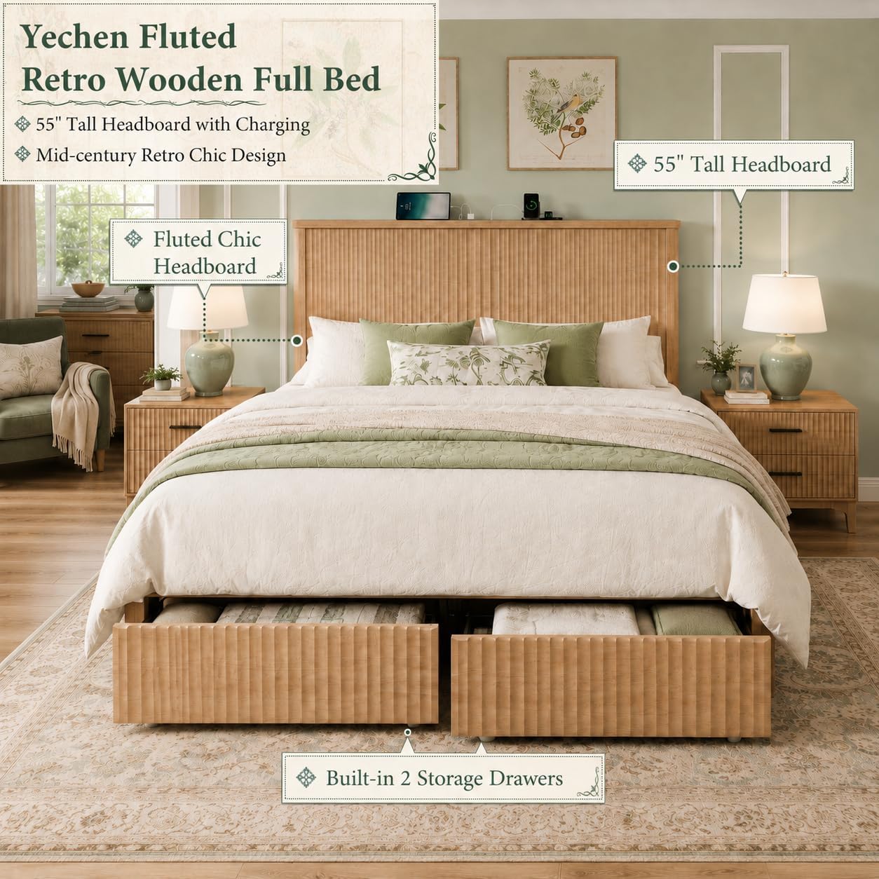 Boho Bed Frame with 55" Tall Fluted Headboard, Storage Drawers & Charging Station | Full & Queen