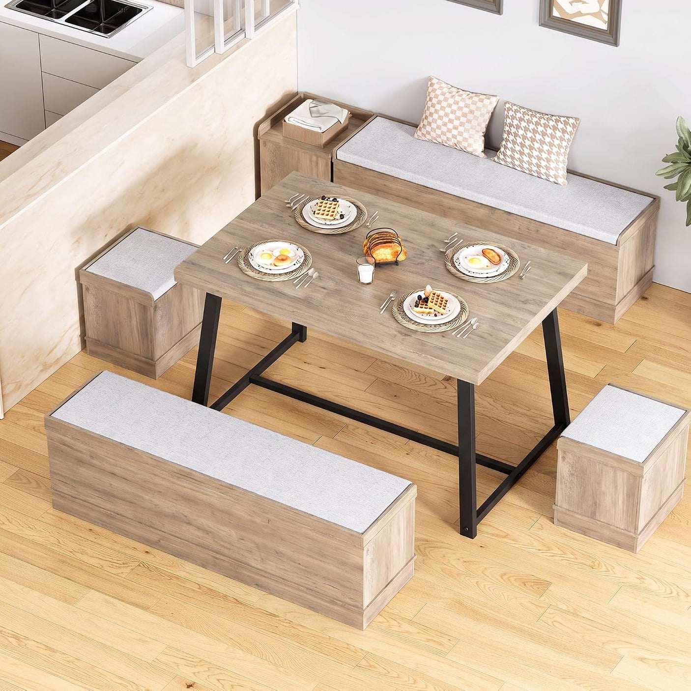 47 Inch Corner Dining Table Set with Storage Stool and Storage Bench
