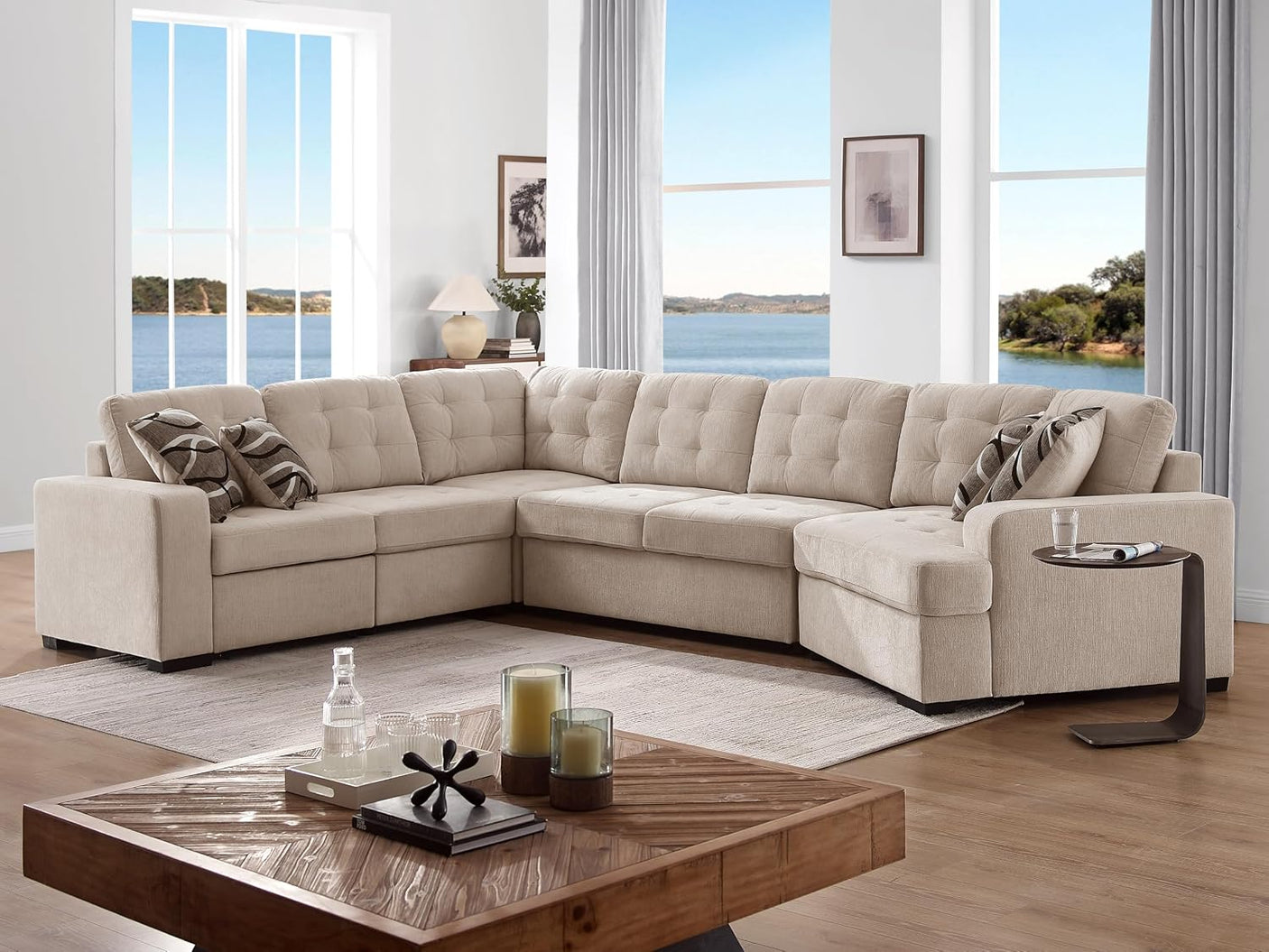149'' Oversized Large Sectional Sleeper Sofa with Pull Out Bed & Cuddler | 7-Seater L-Shaped Sectional Couch with Chaise Lounge