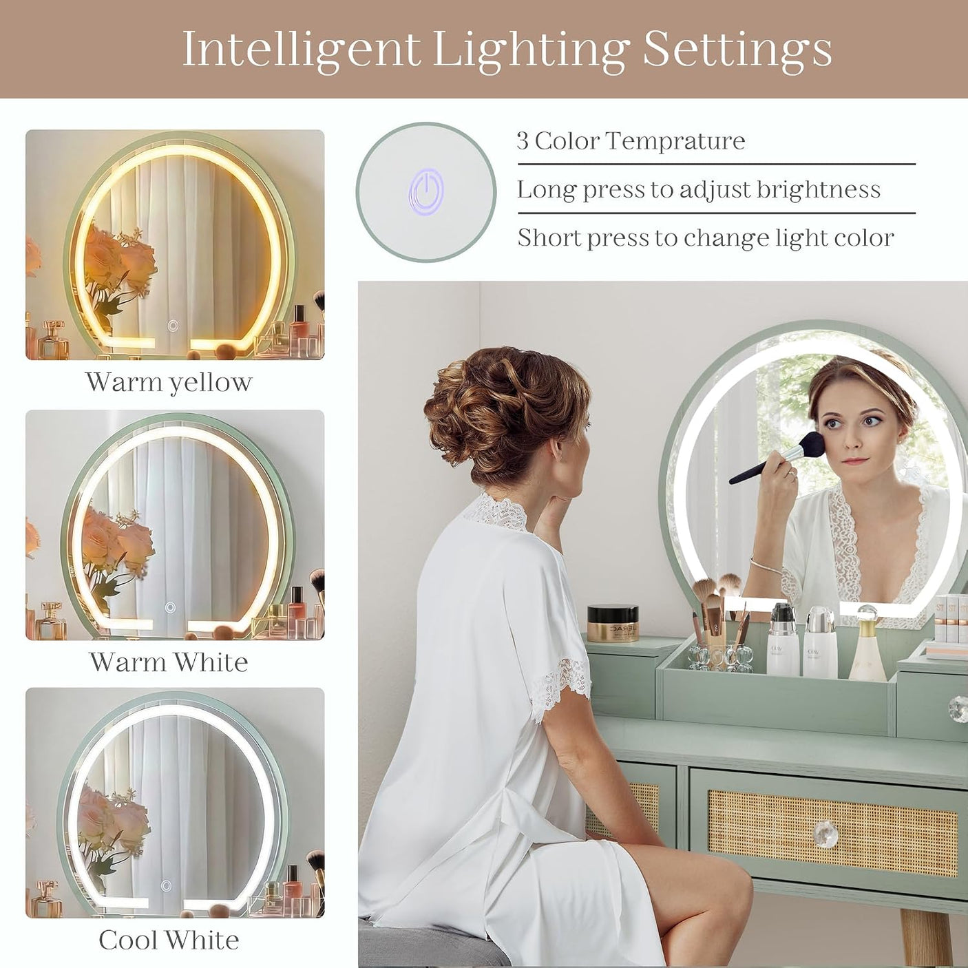 Vanity Desk Set with LED Mirror and Stool, 31" Boho Rattan Makeup Vanity Table, 3-Mode Lighted Mirror, 4 Drawers, Mint, Space-Saving for Bedroom