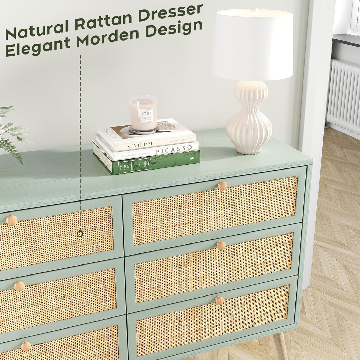 Modern 6 Drawer Dresser with Rattan Drawers