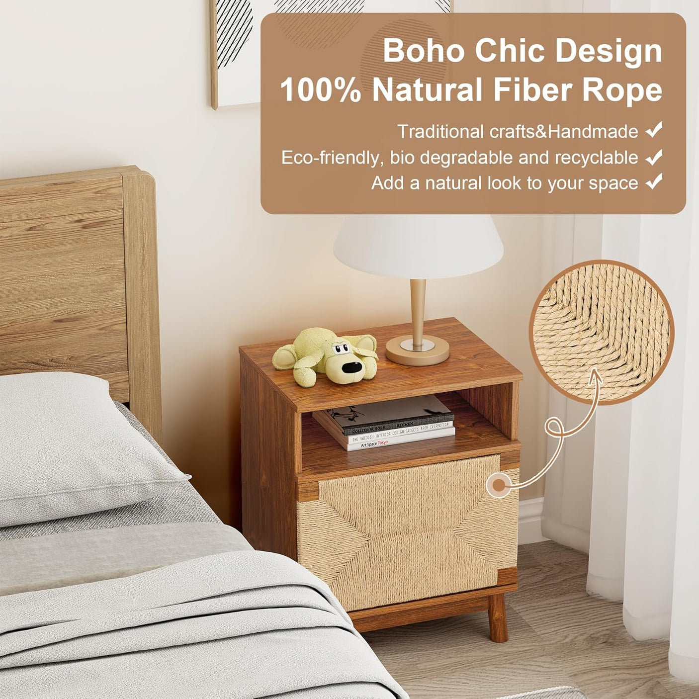Boho Rattan Drawers Sidetable Nightstand 2 Packs
