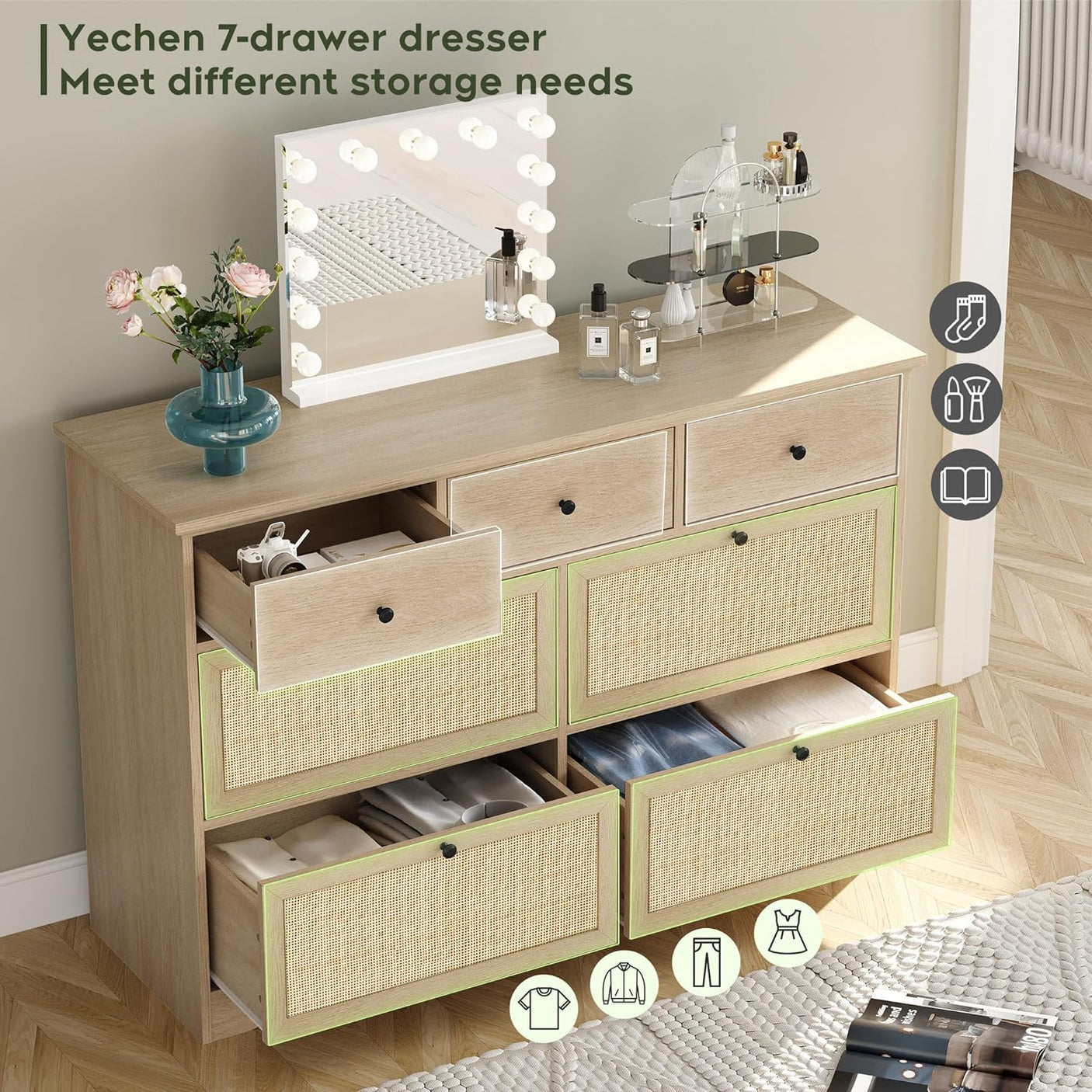 Boho 7 Drawers Natural Rattan Dresser