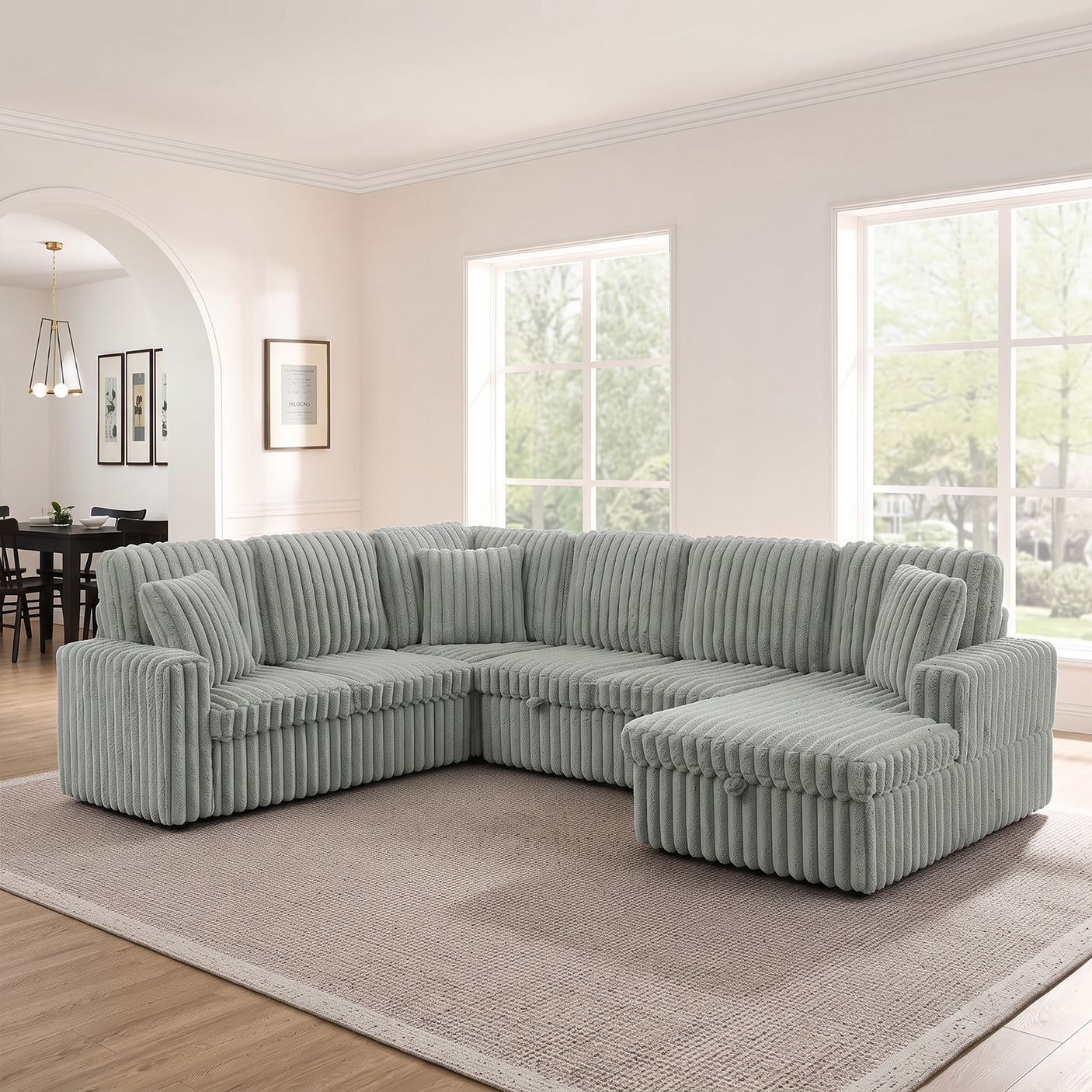 114" U-Shaped Sectional Sofa with Pull-Out Bed, Storage Chaise & USB Ports | Plush Corduroy, Seats 7