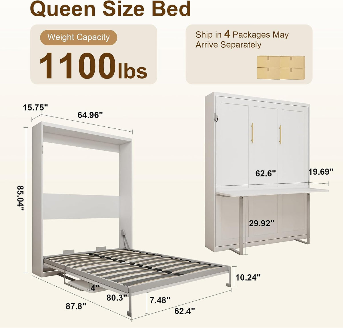 White Queen Murphy Bed with Fold-Down Desk | Yechen Home
