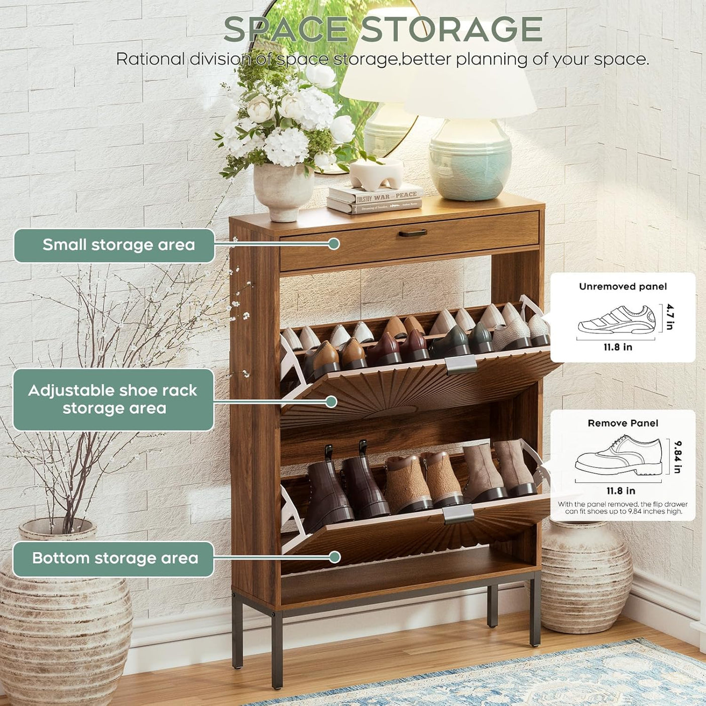 Yechen Shoe Cabinet with Flip Doors, 2 Flip Drawers + Top Drawer, Slim Entryway Organizer for Hallway & Living Room, Walnut