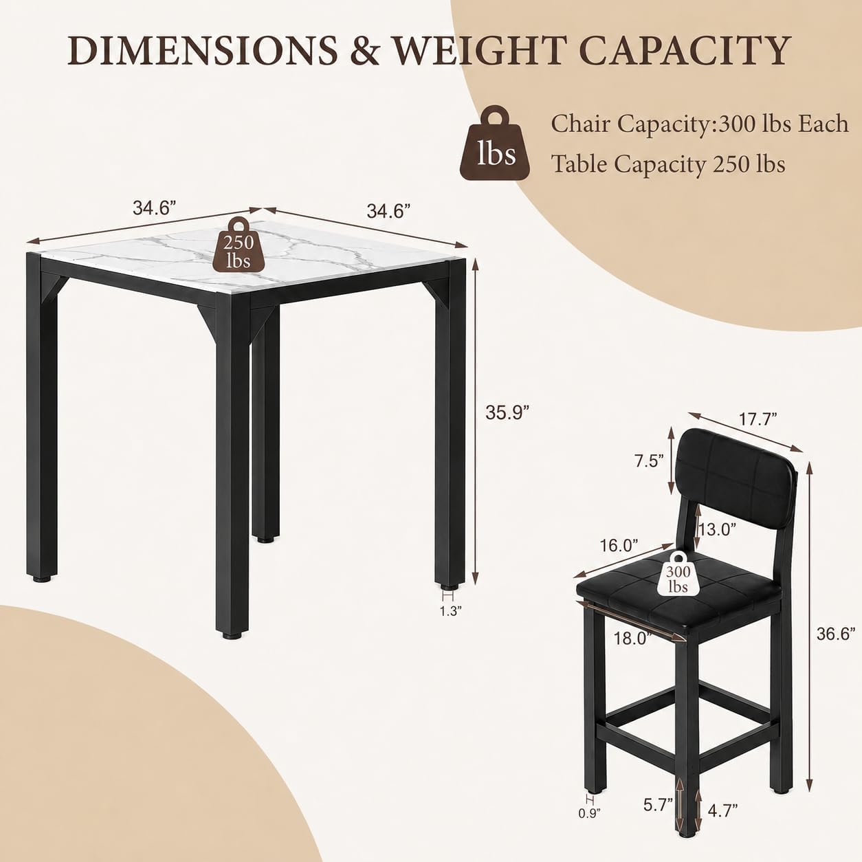 5-Piece Counter Height Dining Set | Marble-Look Top, Padded Chairs, Black
