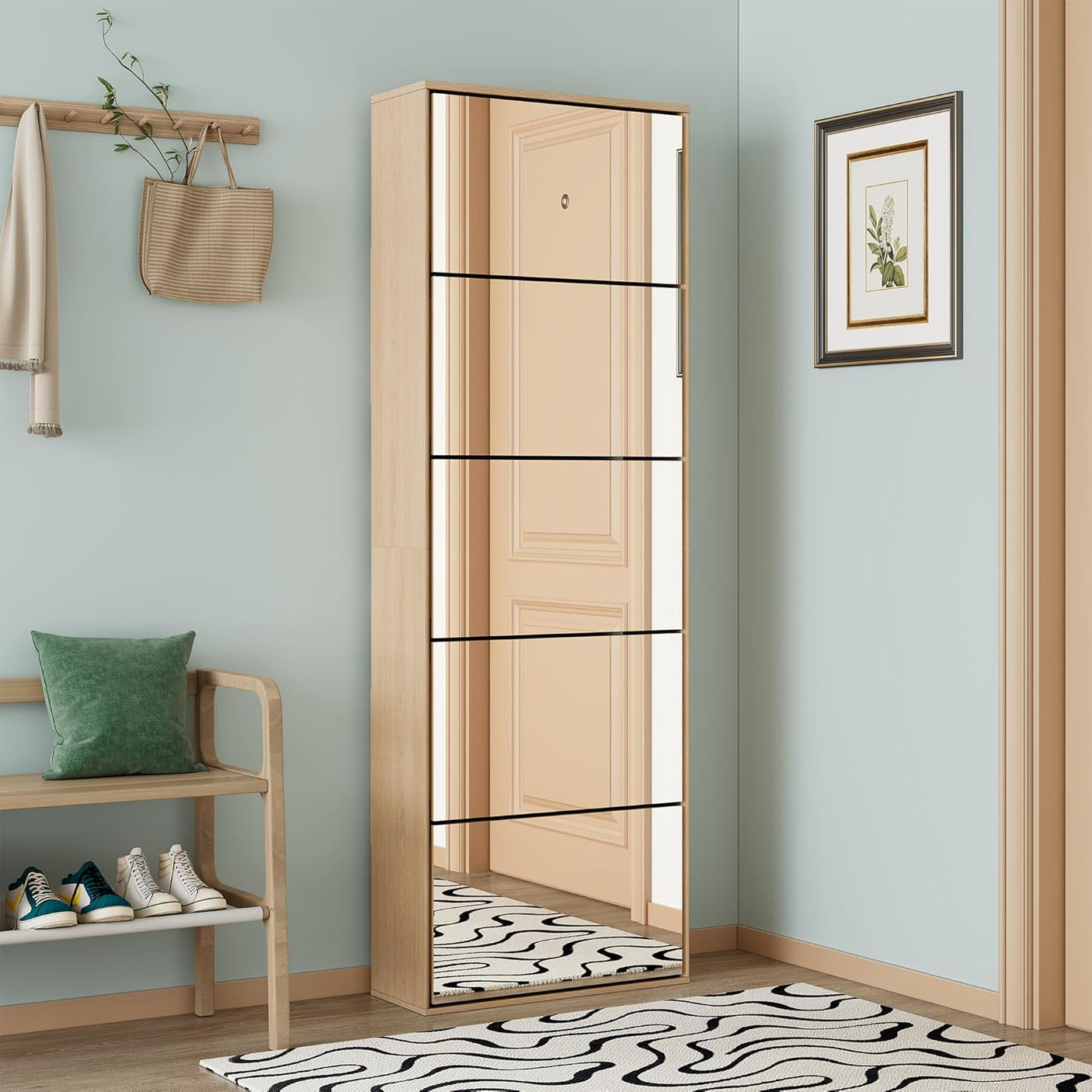 Yechen Mirror Shoe Cabinet with 5 Flip Drawers | Entryway Shoe Rack Storage Organizer for Front Door, Foyer & Hallway