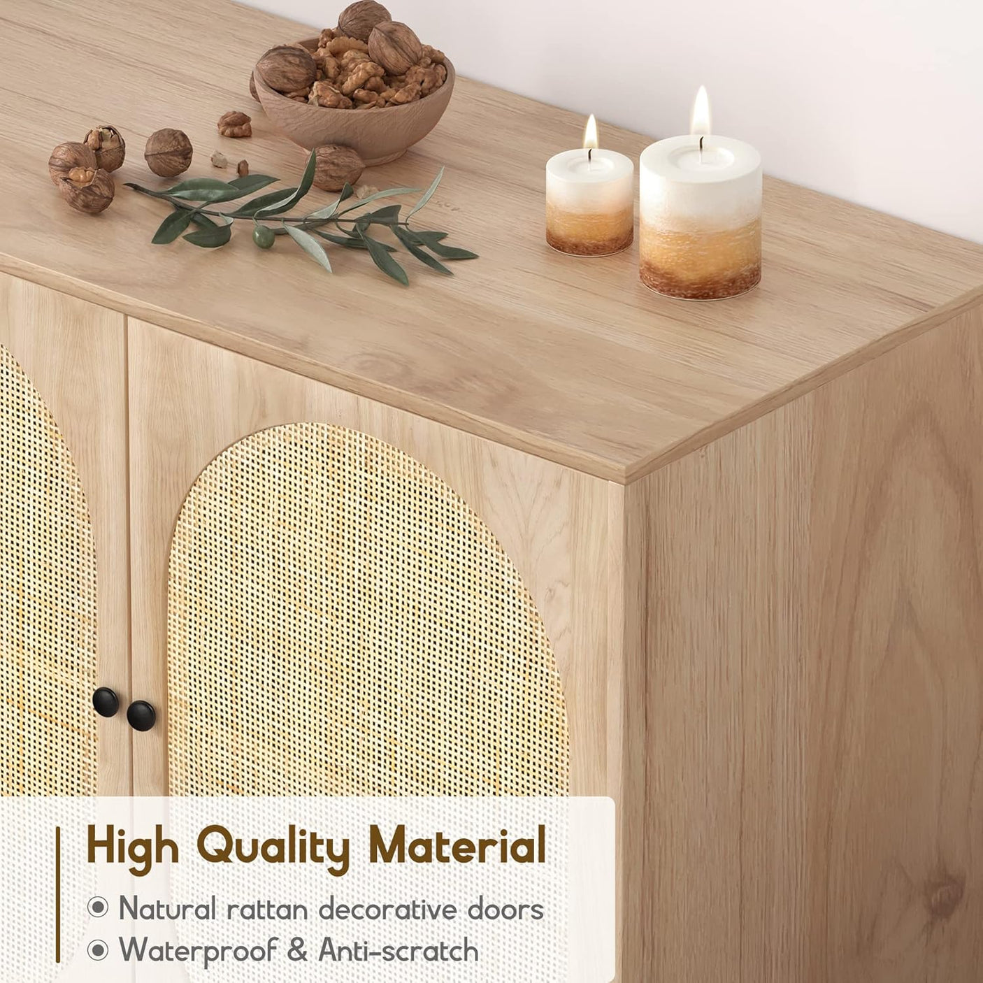 Natural Rattan Oval Sideboard Cabinet | Boho Buffet with Handwoven Doors & Adjustable Shelves