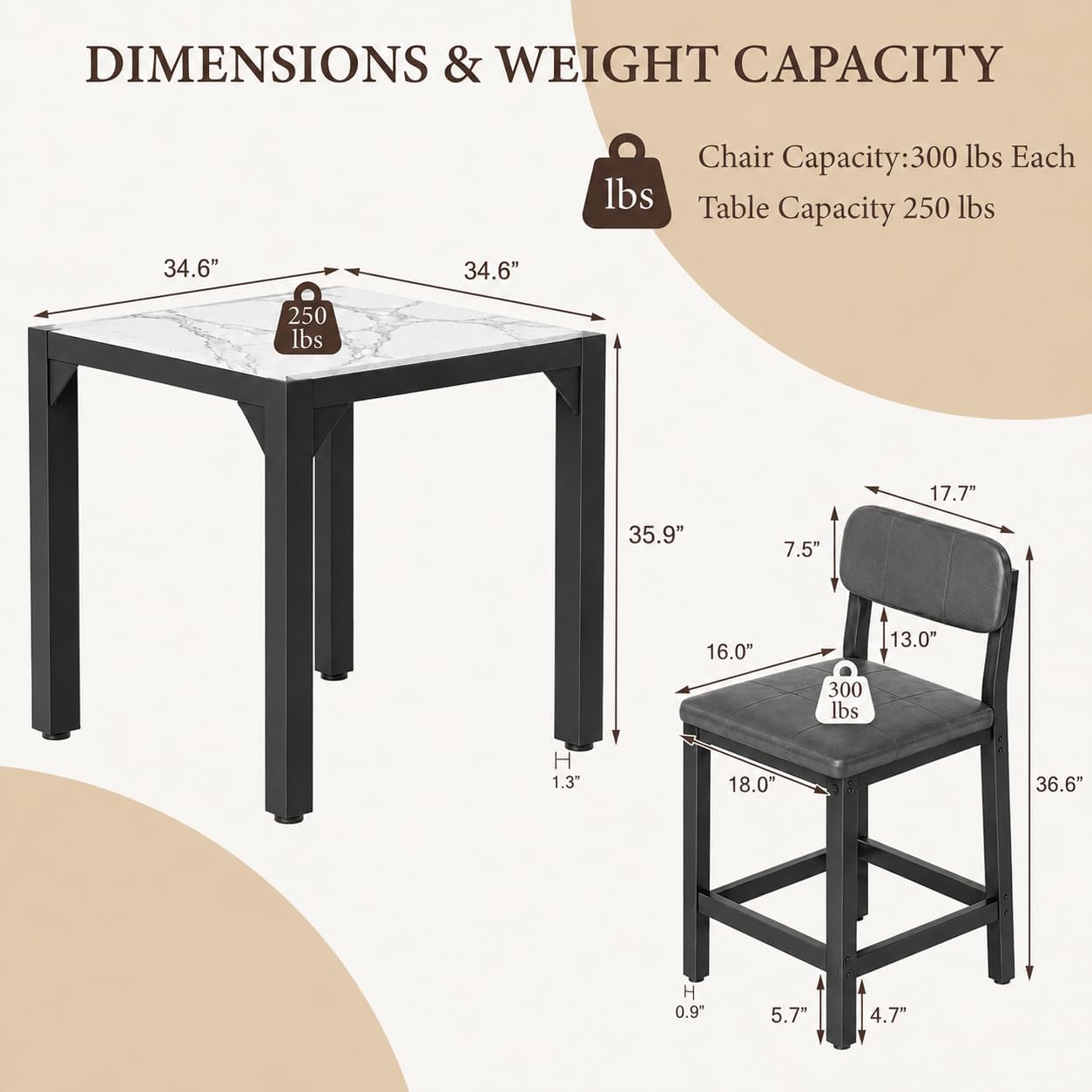 5-Piece Counter Height Dining Set | Marble-Look Top, Padded Chairs, Modern Grey