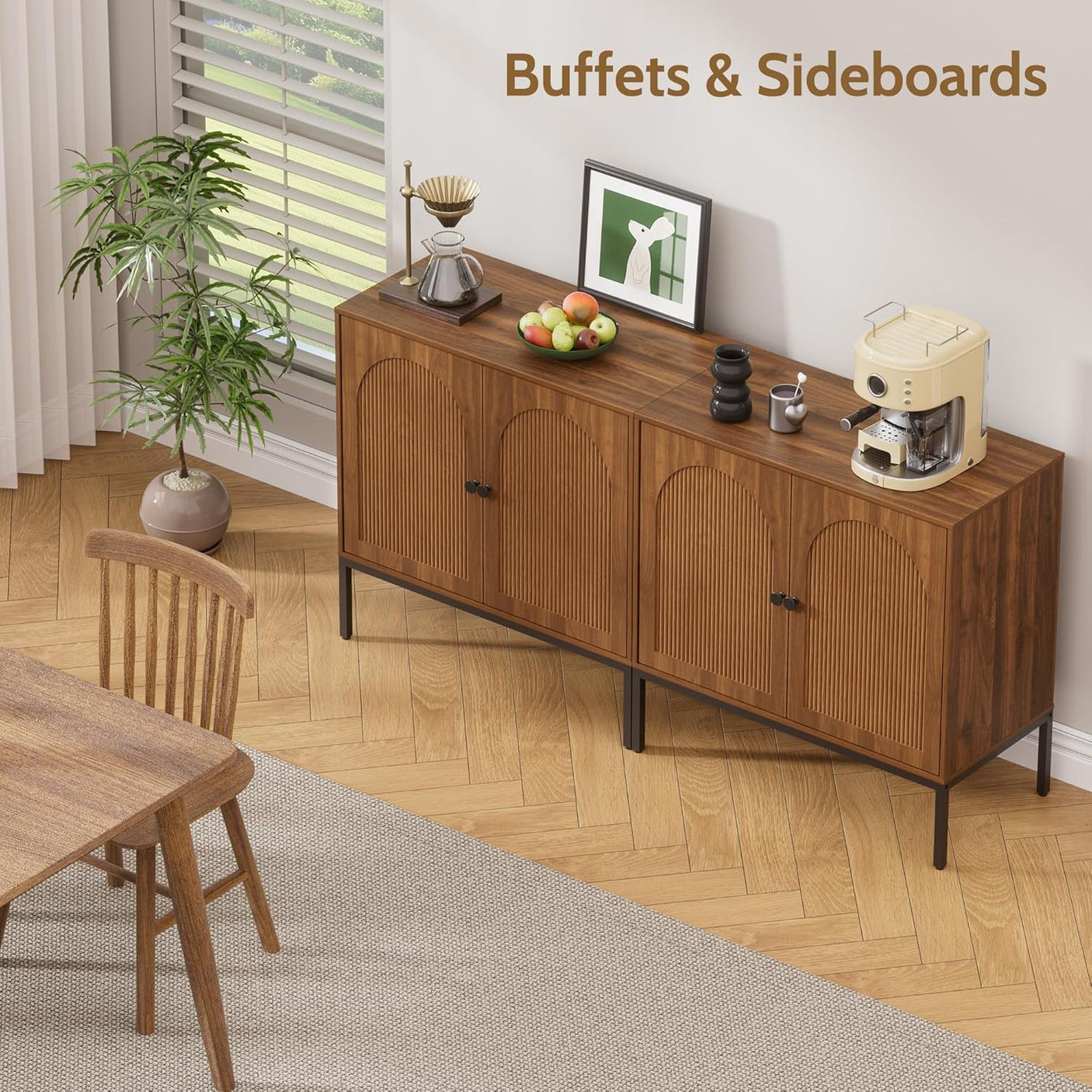 Fluted Sideboard Cabinet with Storage – 2-Door Arched Buffet Credenza | Mid-Century Modern | Walnut & Black