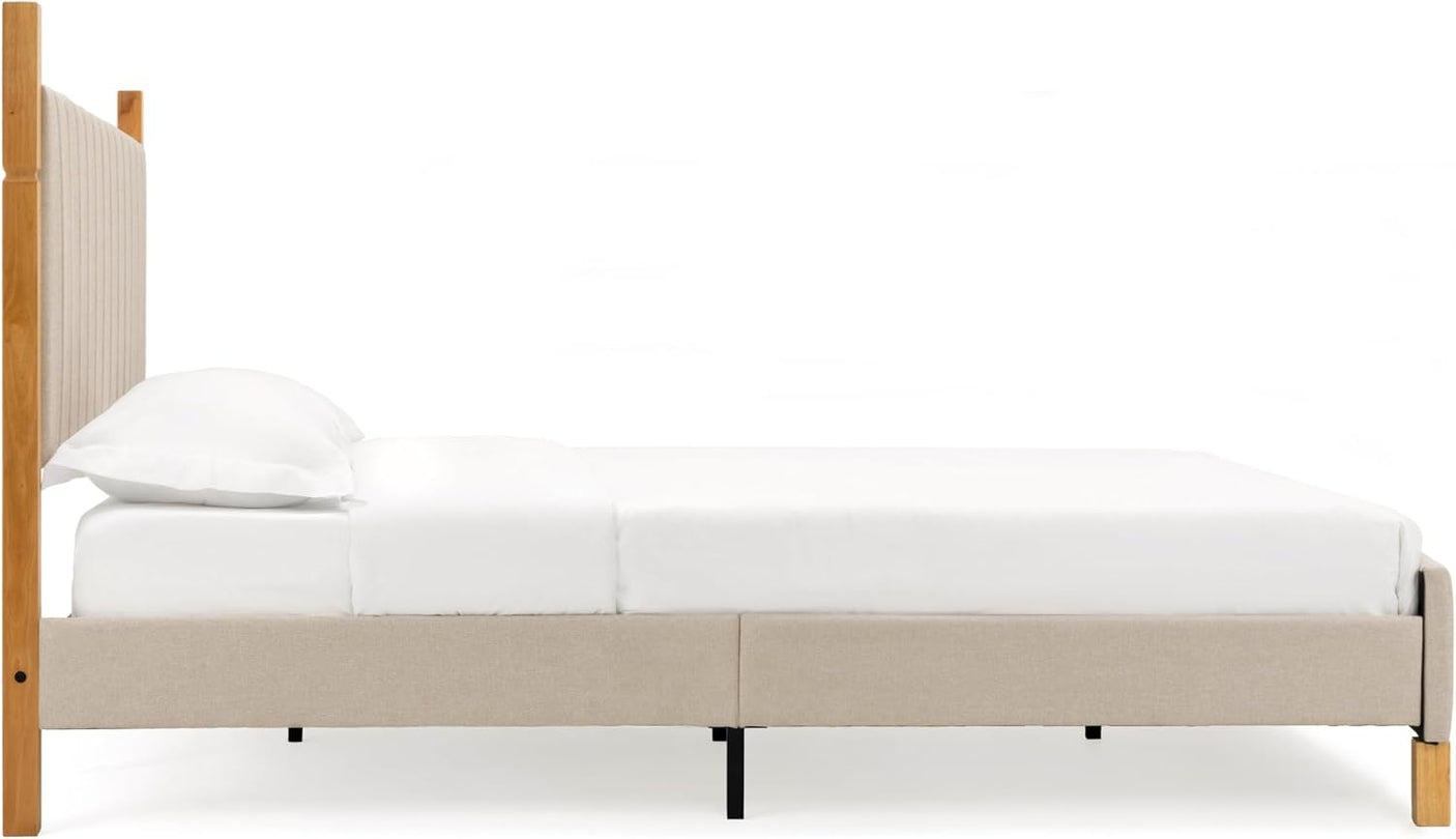 Yechen Queen Bed Frame with Linen Headboard | Platform Bed, Noise-Free Slats, Beige