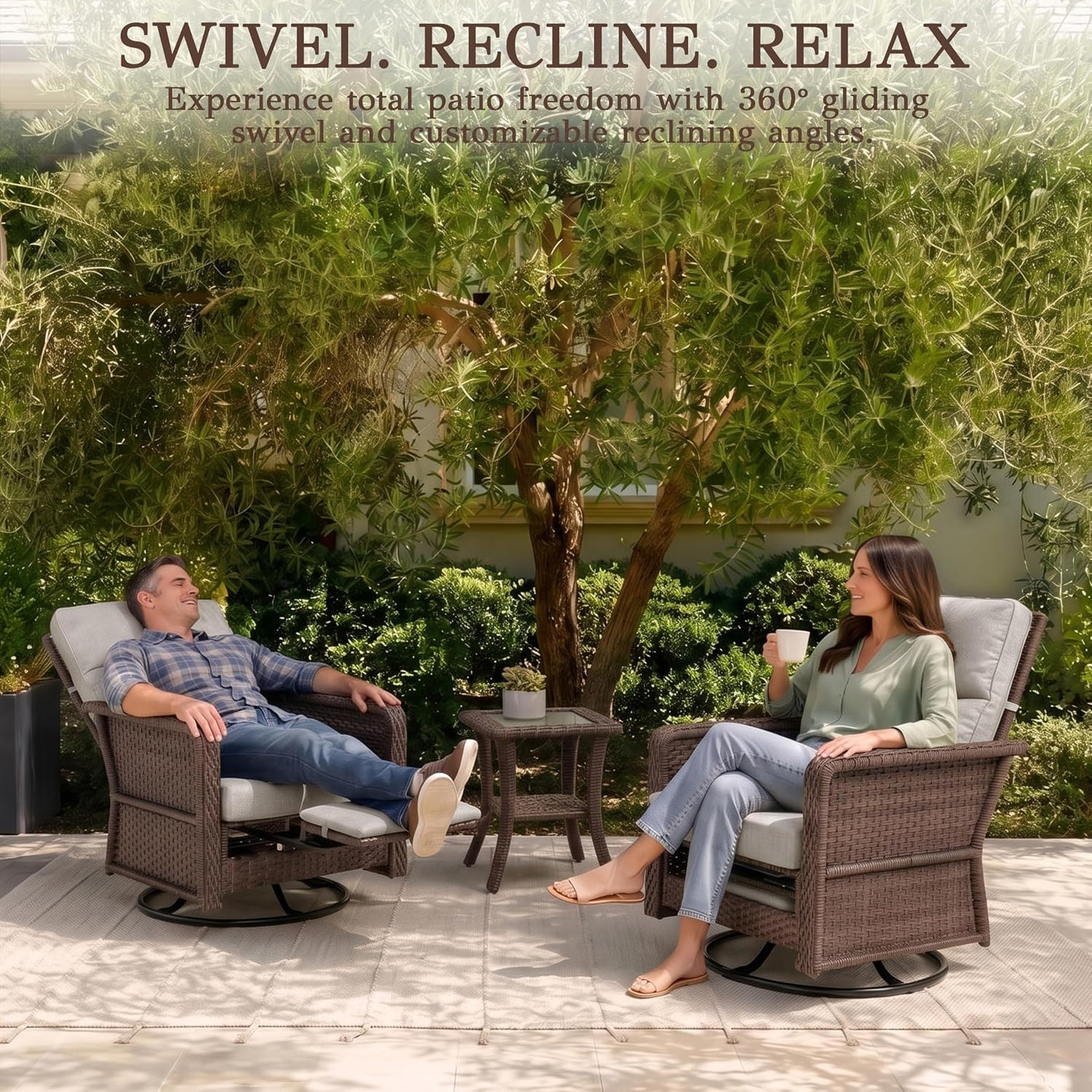 Outdoor Swivel Chair Set | PE Wicker Patio Conversation Set with Cushions | Beige