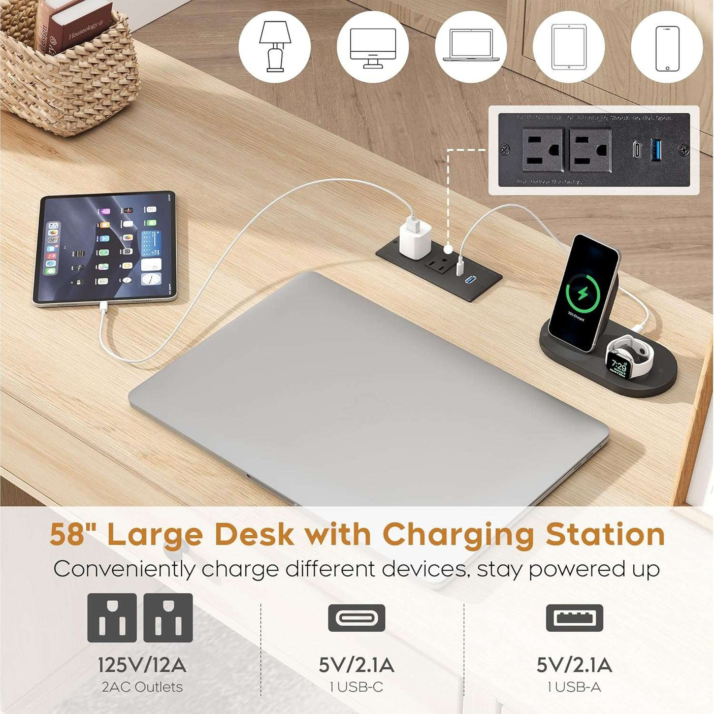 58'' Wood Executive Desk with 3 Drawers & 2 Cabinet