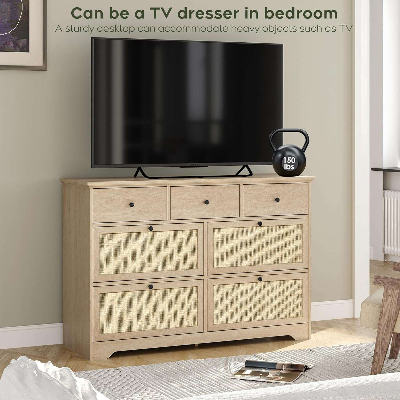 7 Drawer Natural Rattan Dresser - Boho Mid-Century Modern Bedroom Storage