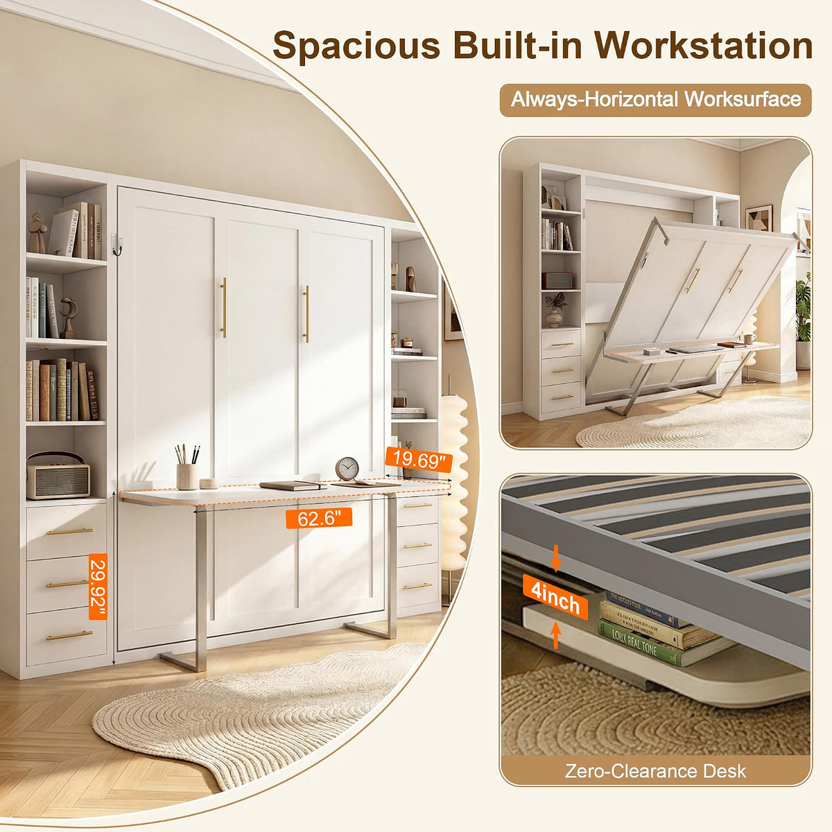 White Queen Murphy Bed with Desk & Dual Cabinets | Yechen Home