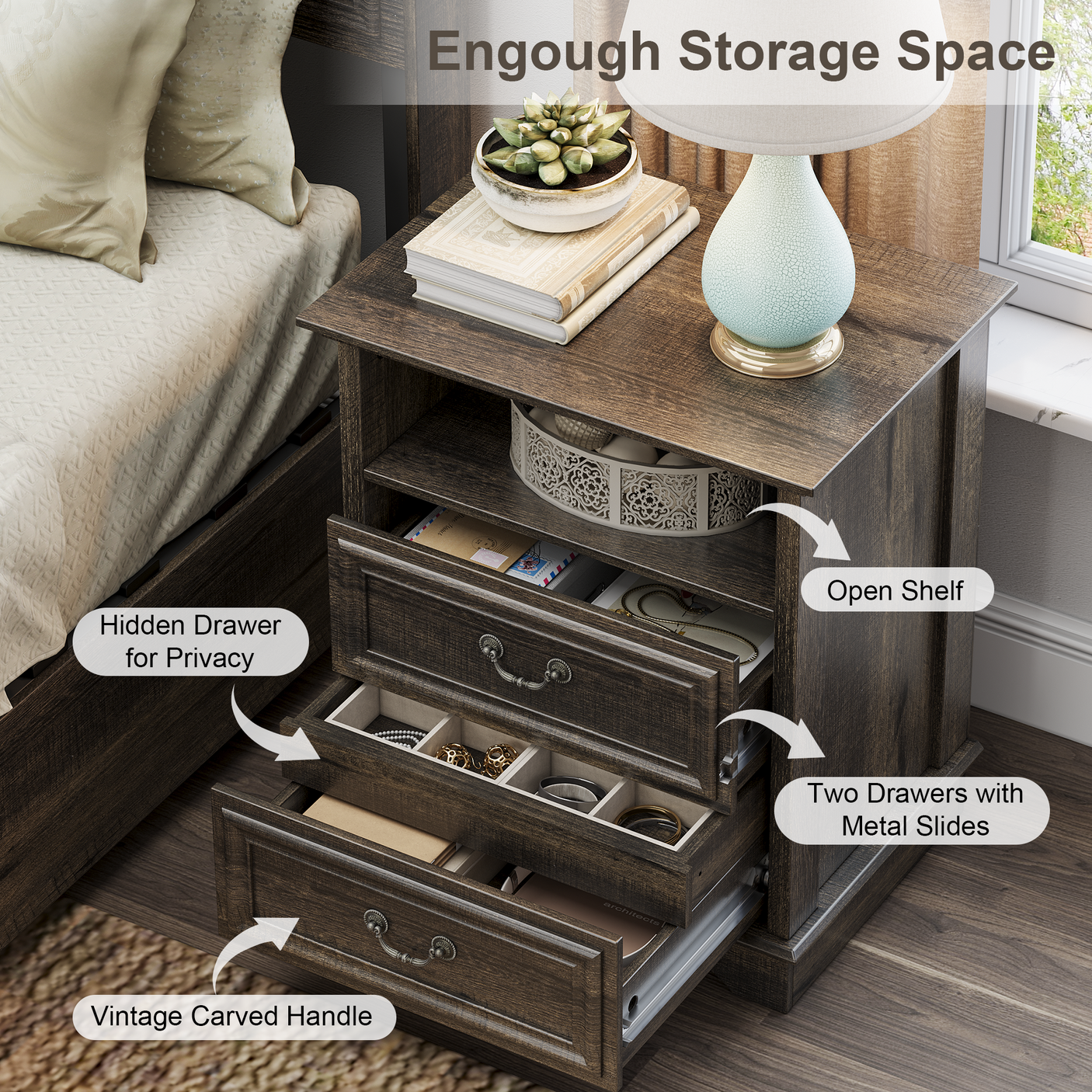 Farmhouse Mid Century Modern Nightstand, 2-Drawer 25" Tall Wood