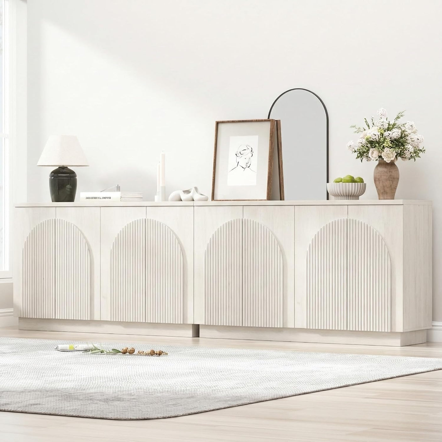 Arched Reeded Sideboard Buffet Cabinet — 55" Wide, 4-Door Modern Storage