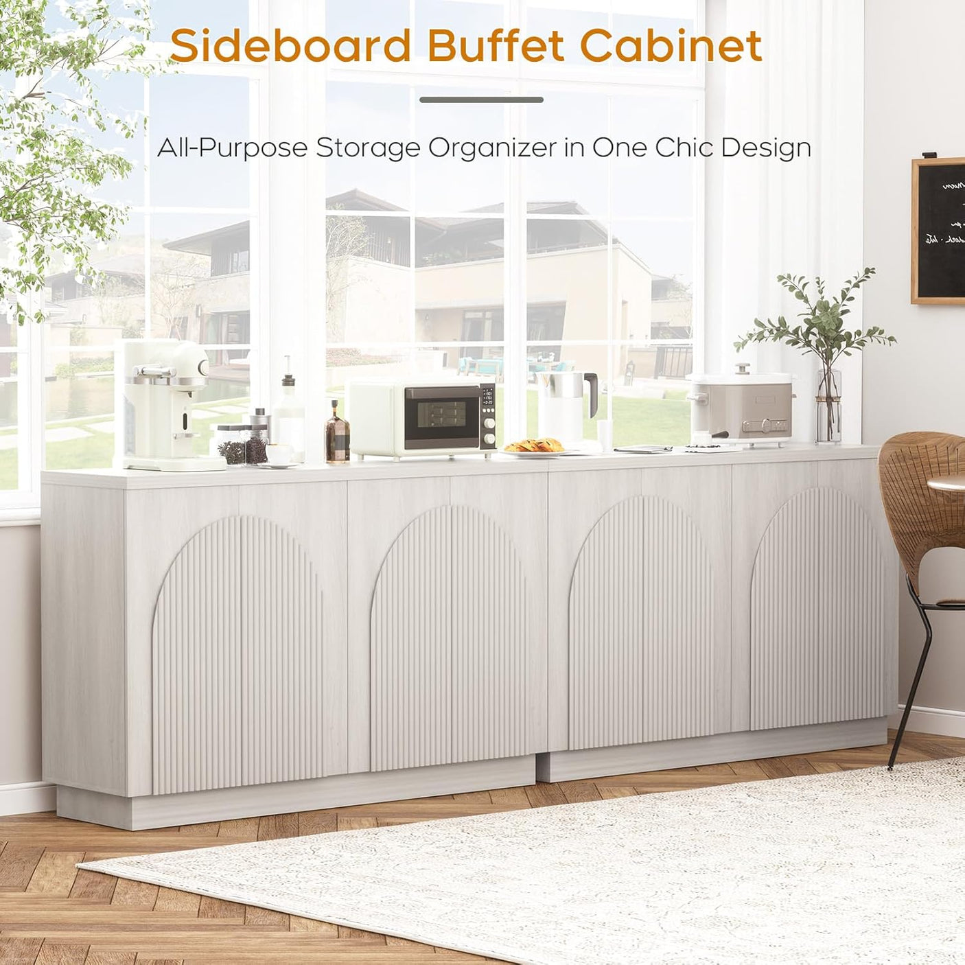 Arched Reeded Sideboard Buffet Cabinet — 55" Wide, 4-Door Modern Storage
