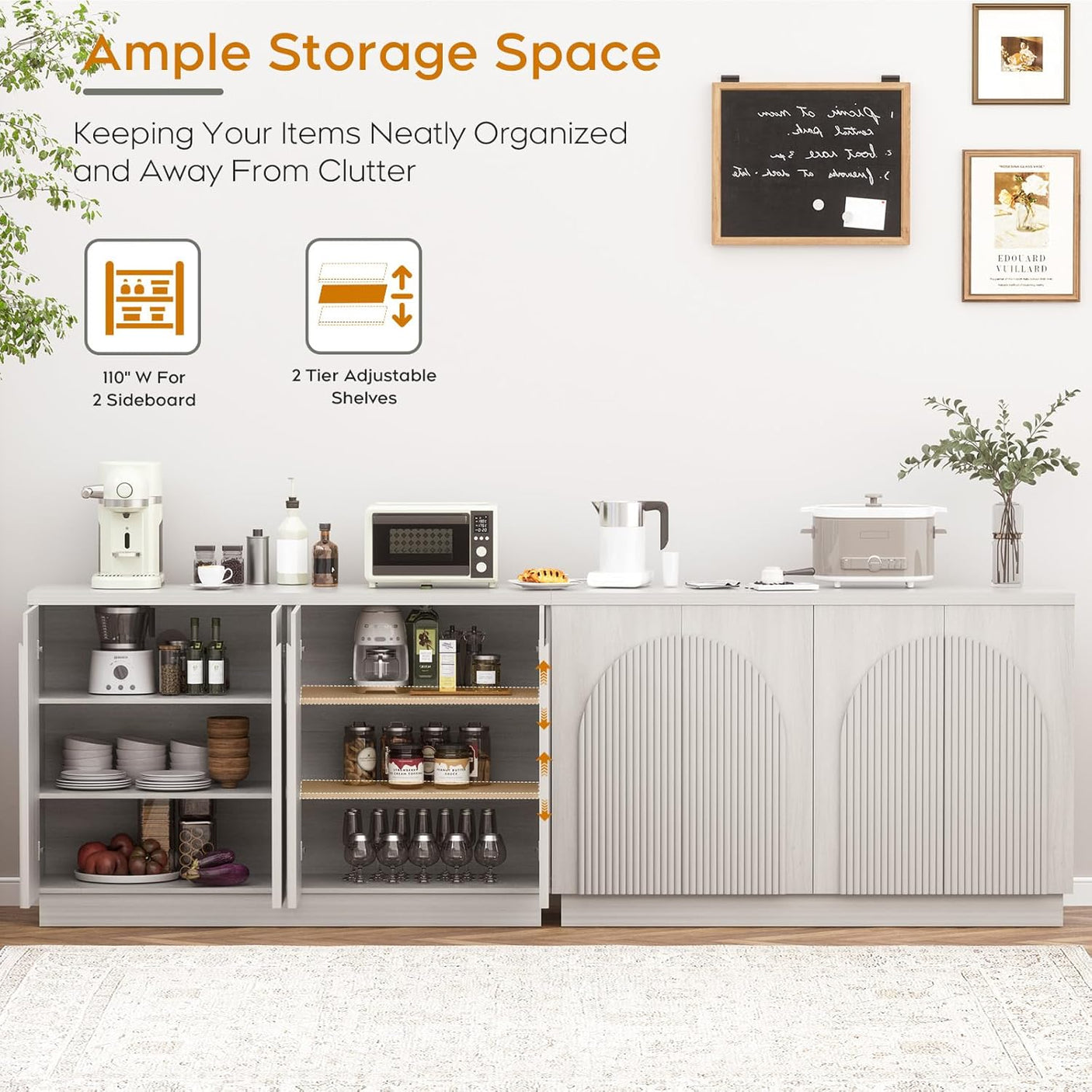 Arched Reeded Sideboard Buffet Cabinet — 55" Wide, 4-Door Modern Storage