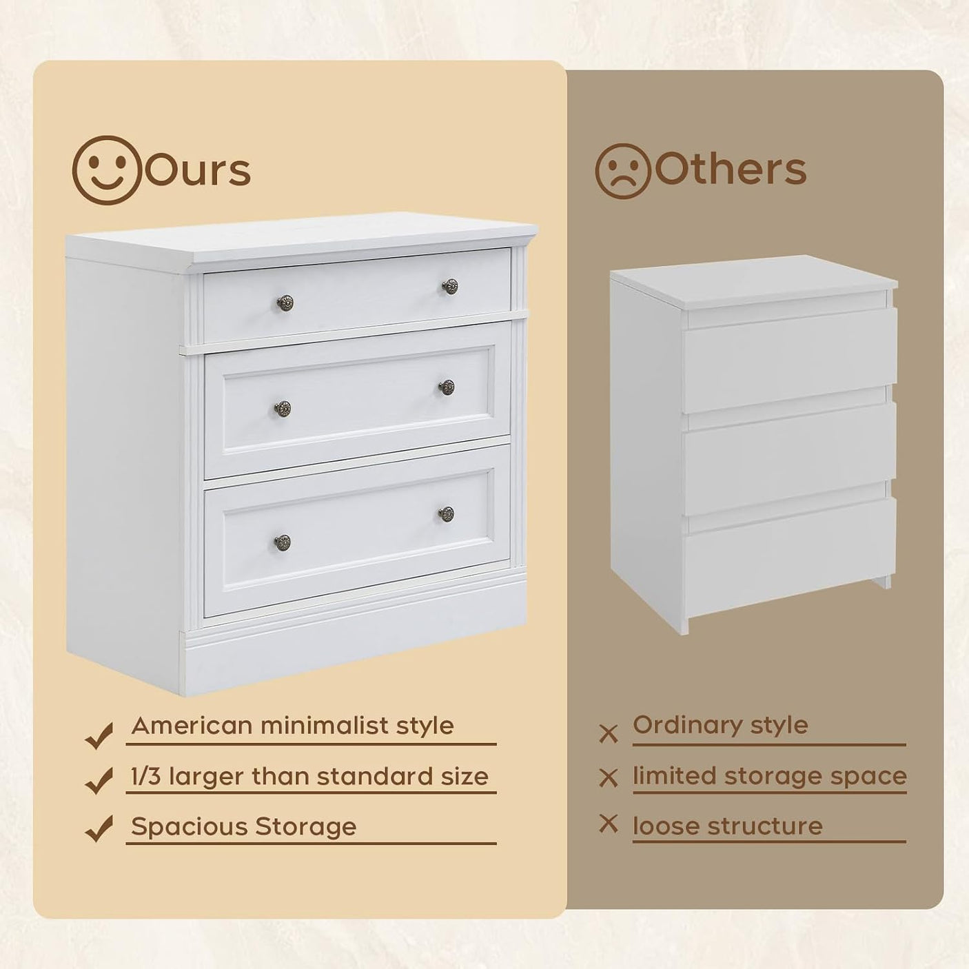31.5" Oversized Nightstand with 3 Drawers | Light Oak, Ivory White & Walnut