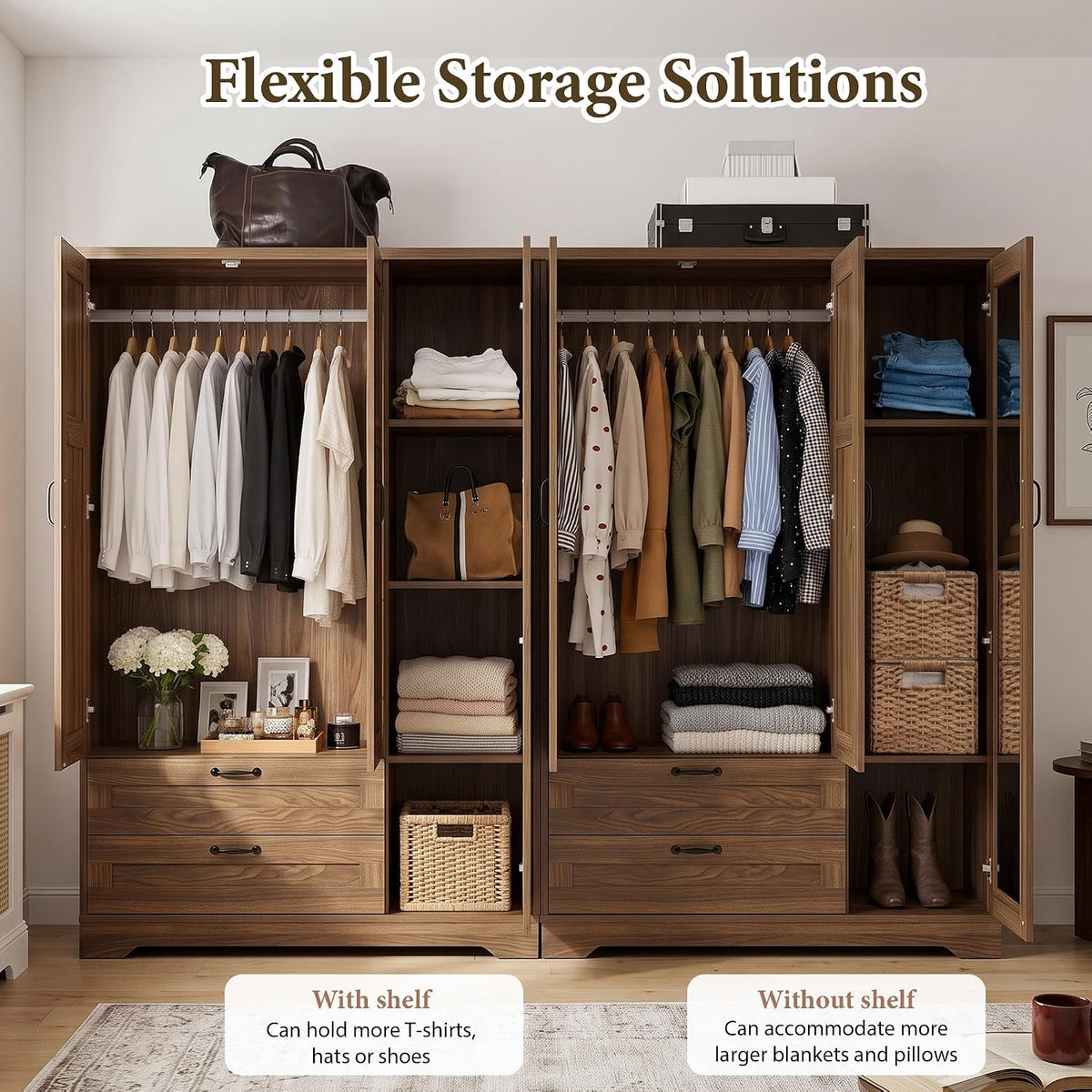 62" Walnut Armoire Wardrobe with Mirror, 3 Doors & 2 Drawers