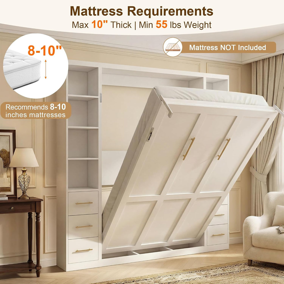 White Queen Murphy Bed with Dual Side Cabinets | Yechen Home