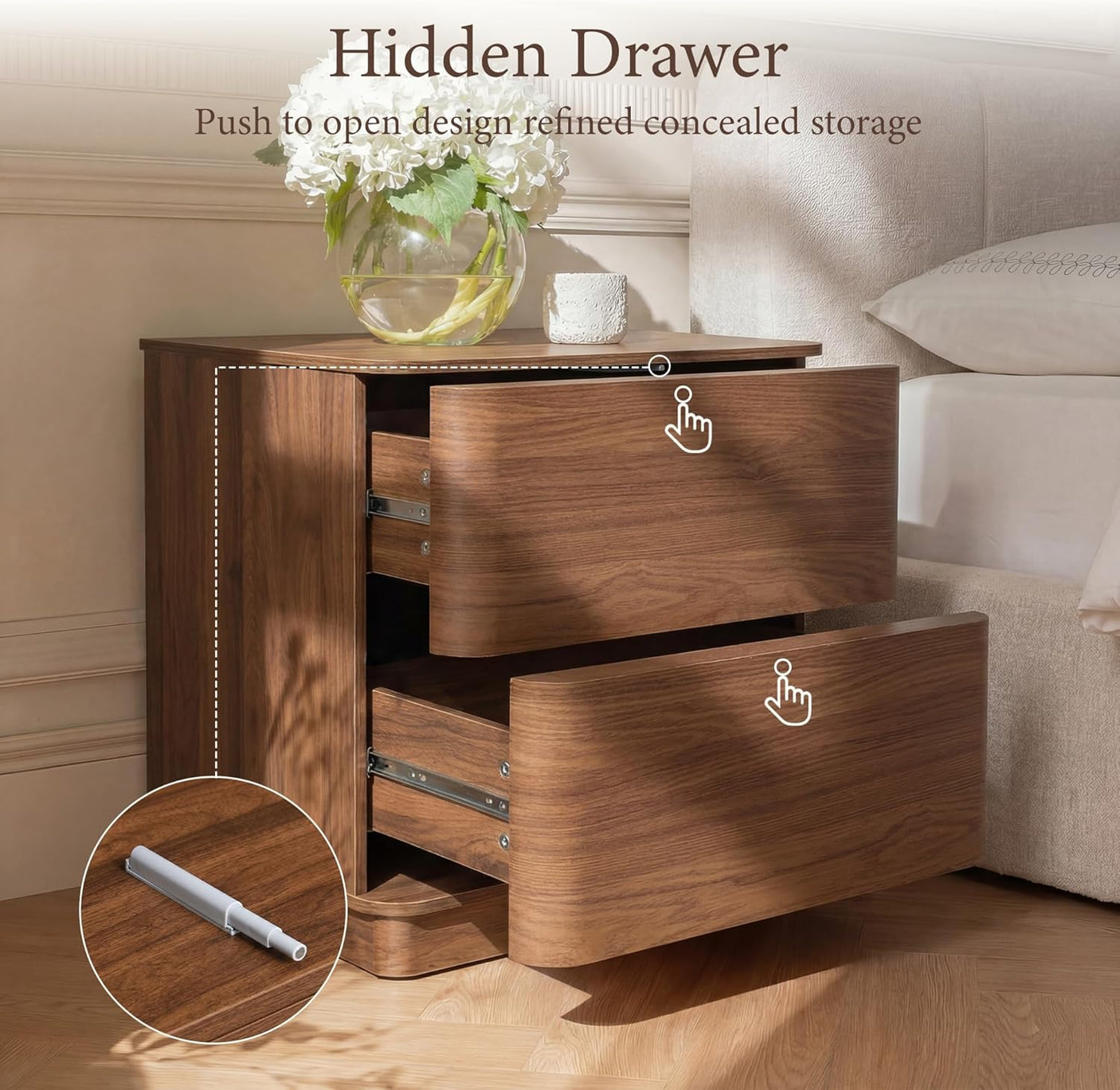 Curved Nightstand with Hidden Drawer | Mid-Century Modern Bedside Table | Walnut