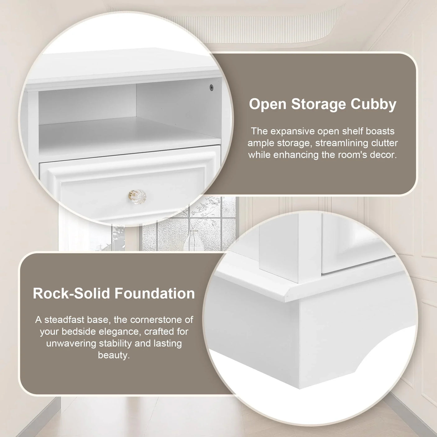 Farmhouse Mid Century Modern Nightstand, 2-Drawer 25" Tall Wood