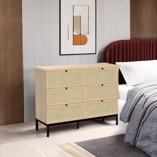 Modern 6 Drawer Dresser with Rattan Drawers