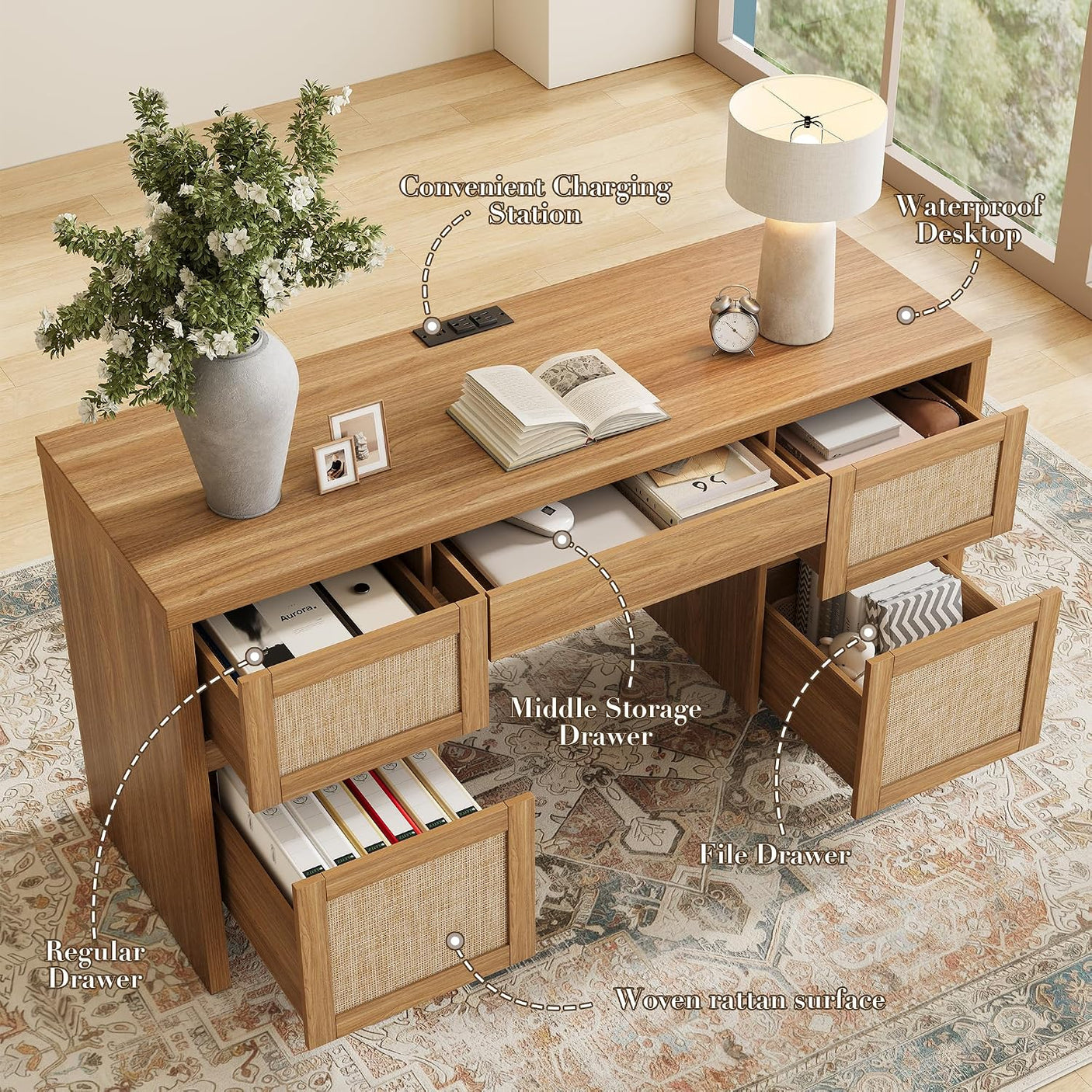 57" Rattan Executive Desk with Charging Station | 5-Drawer Home Office Desk | Farmhouse Walnut Brown | Yechen Home
