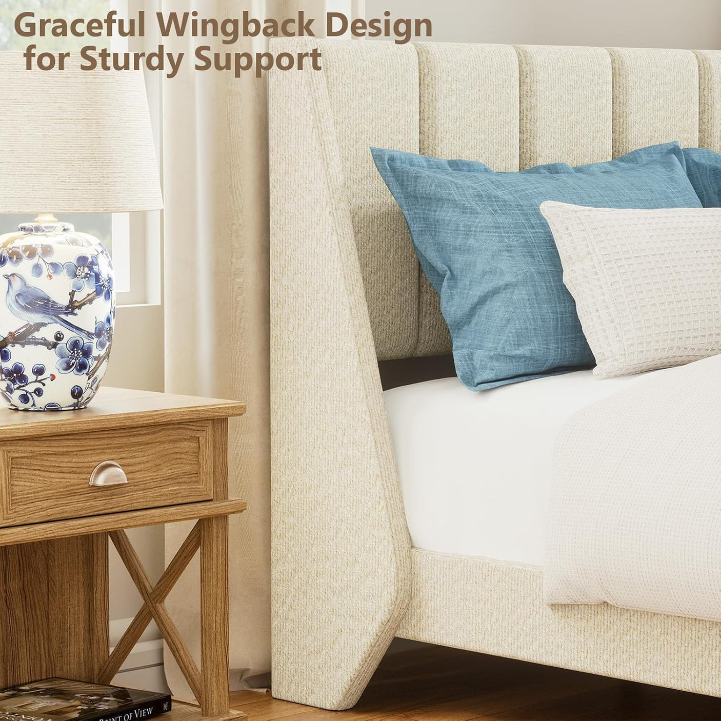 Yechen Boucle Wingback Bed Frame – Upholstered Enclosed Headboard, Full & Queen