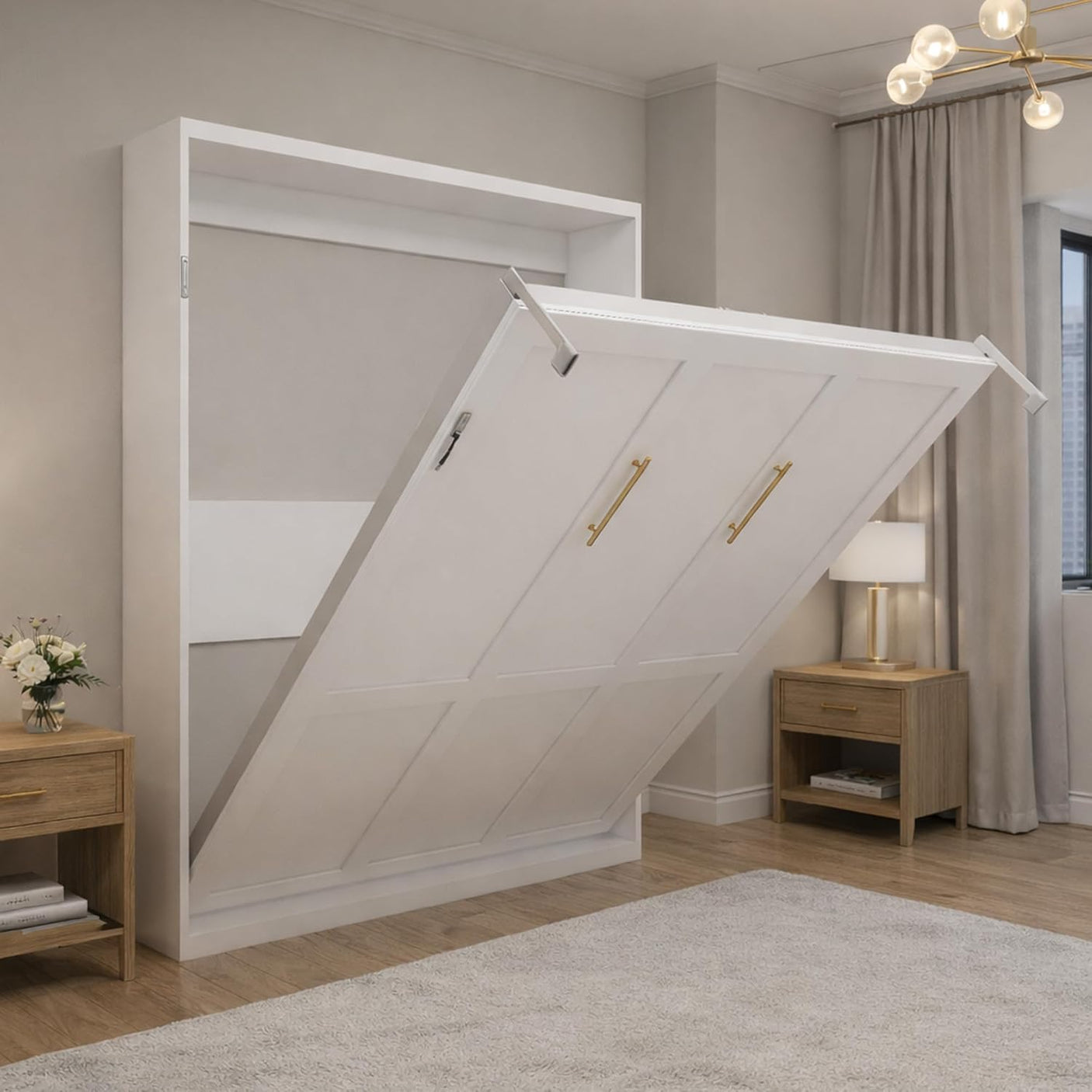 Queen Murphy Bed | White Wall Bed with Grey Slat Frame | Space-Saving Foldable Bed | Yechen Home