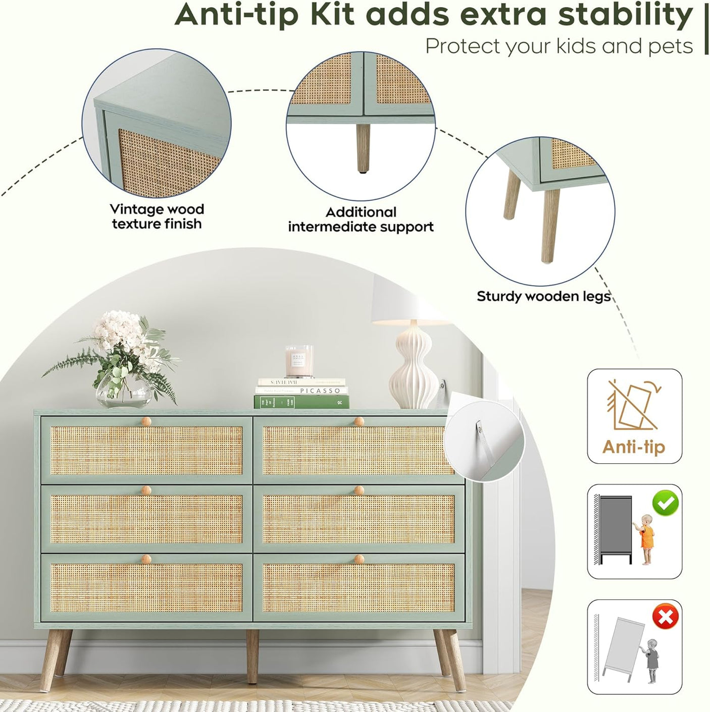 Modern 6 Drawer Dresser with Rattan Drawers
