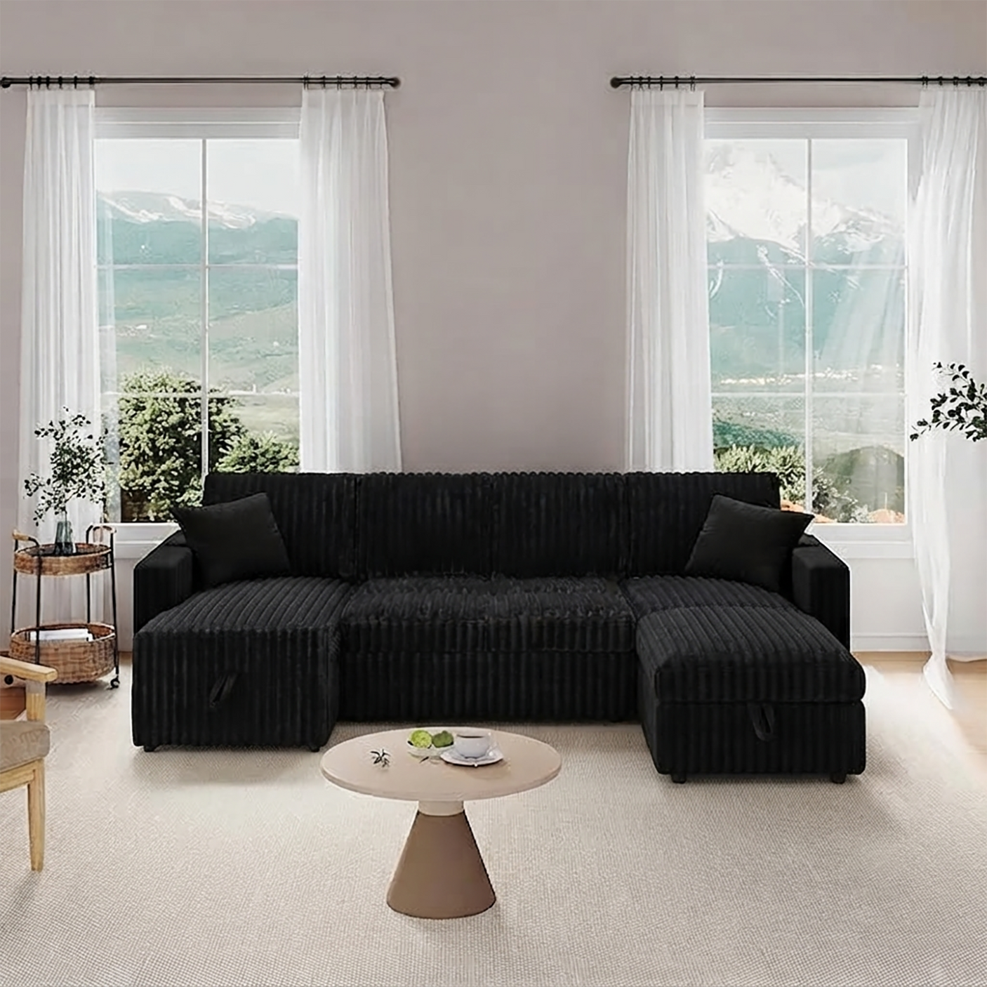 122'' U-Shaped Corduroy Sectional Sofa with Sleeper Bed & Storage Chaise