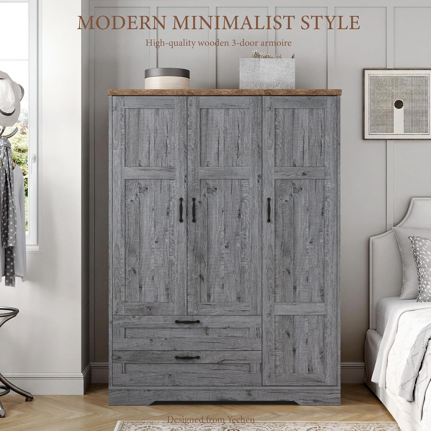 Yechen 3-Door Wooden Wardrobe Closet with Mirror, Drawers & Shelves, Farmhouse Armoire for Bedroom