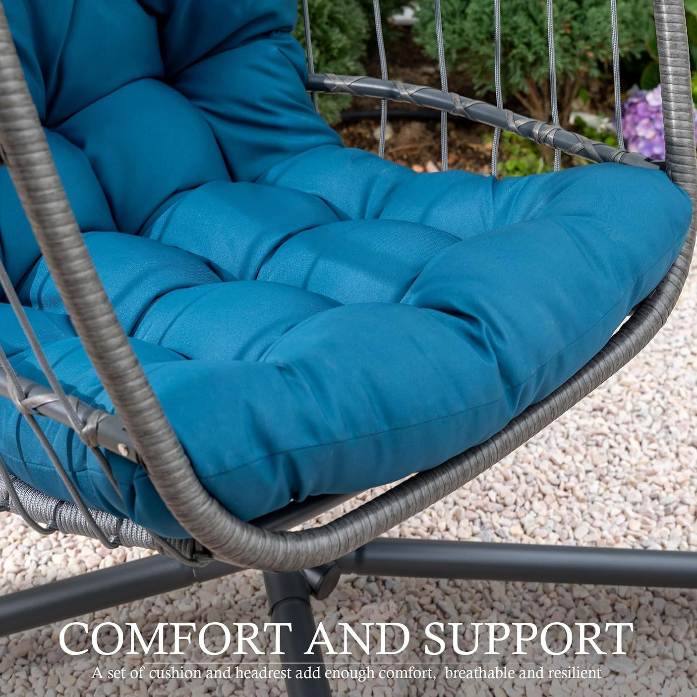 Egg Hanging Chair with Stand & Cushion | Patio & Bedroom, Dark Blue